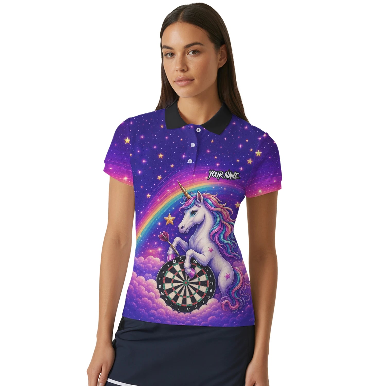 Personalised Rainbow Unicorn Darts Polo Shirt For Women V221