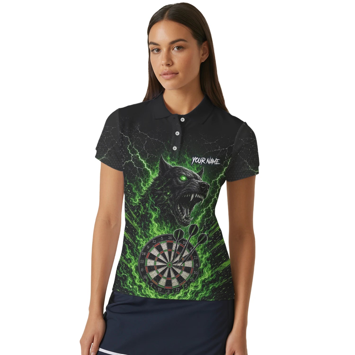 Personalised Black & Green Wolf Dartboard Darts Shirt For Women F303