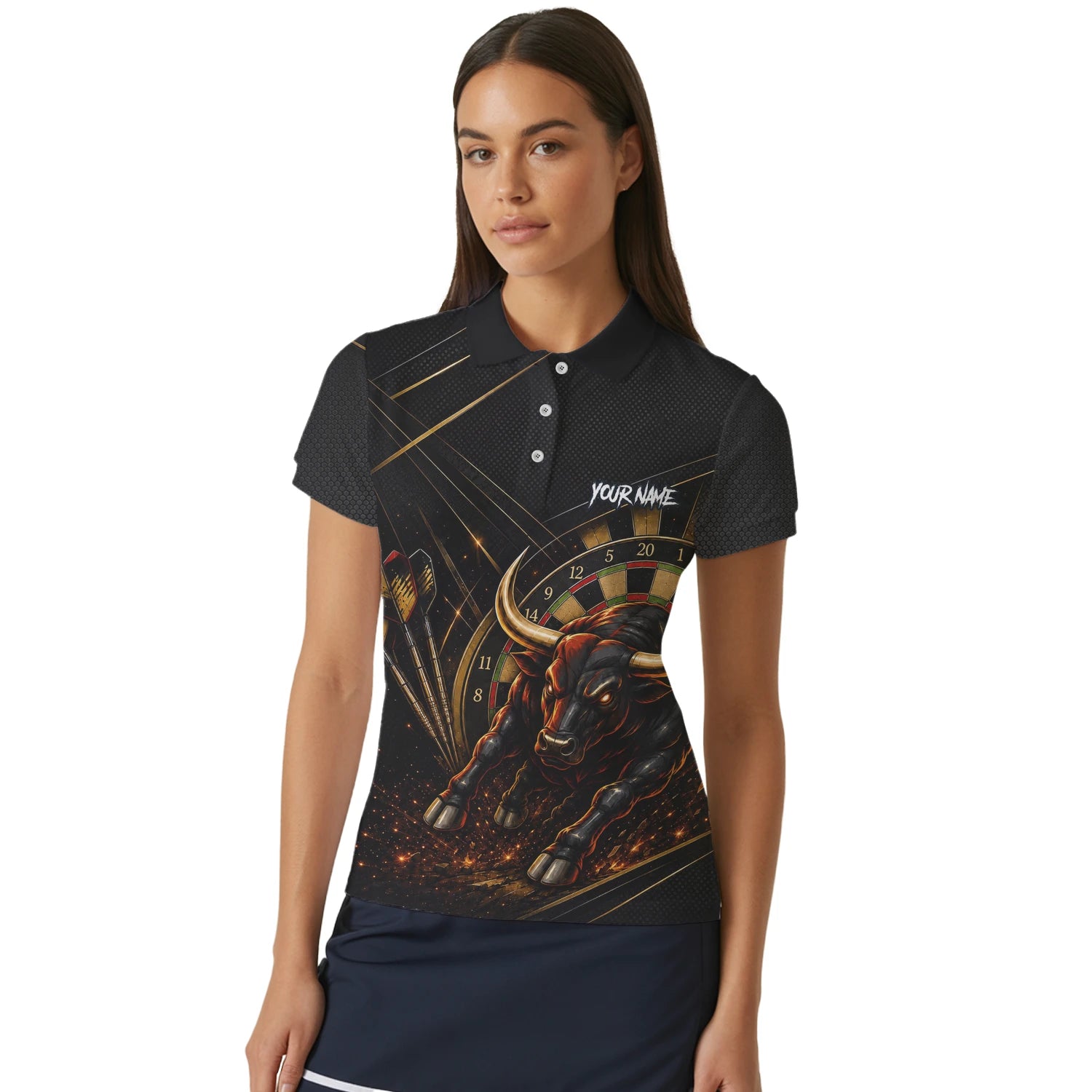 Personalised Black & Gold Bull Darts Polo Shirt For Women K607