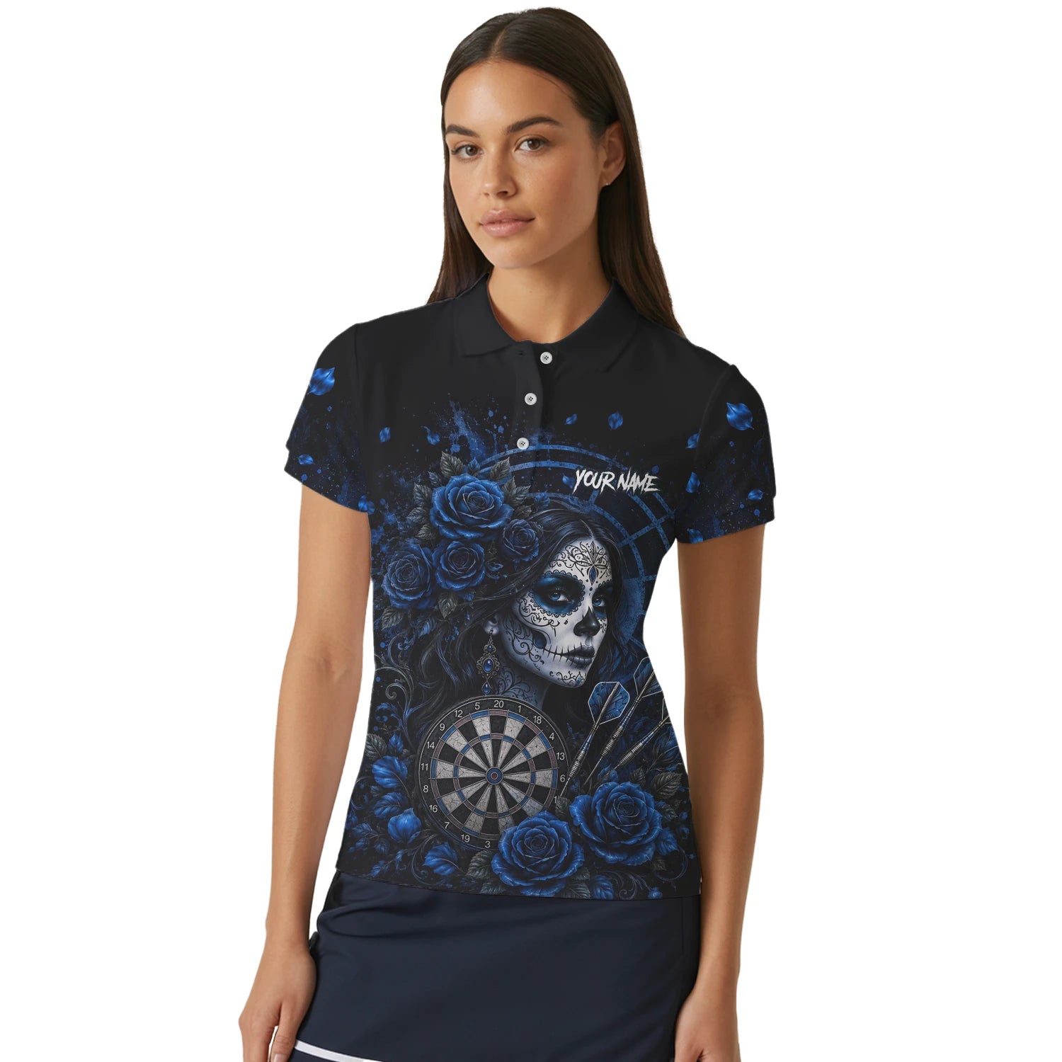 Personalised Black & Blue Sugar Skull Roses Darts Shirt For Women I884