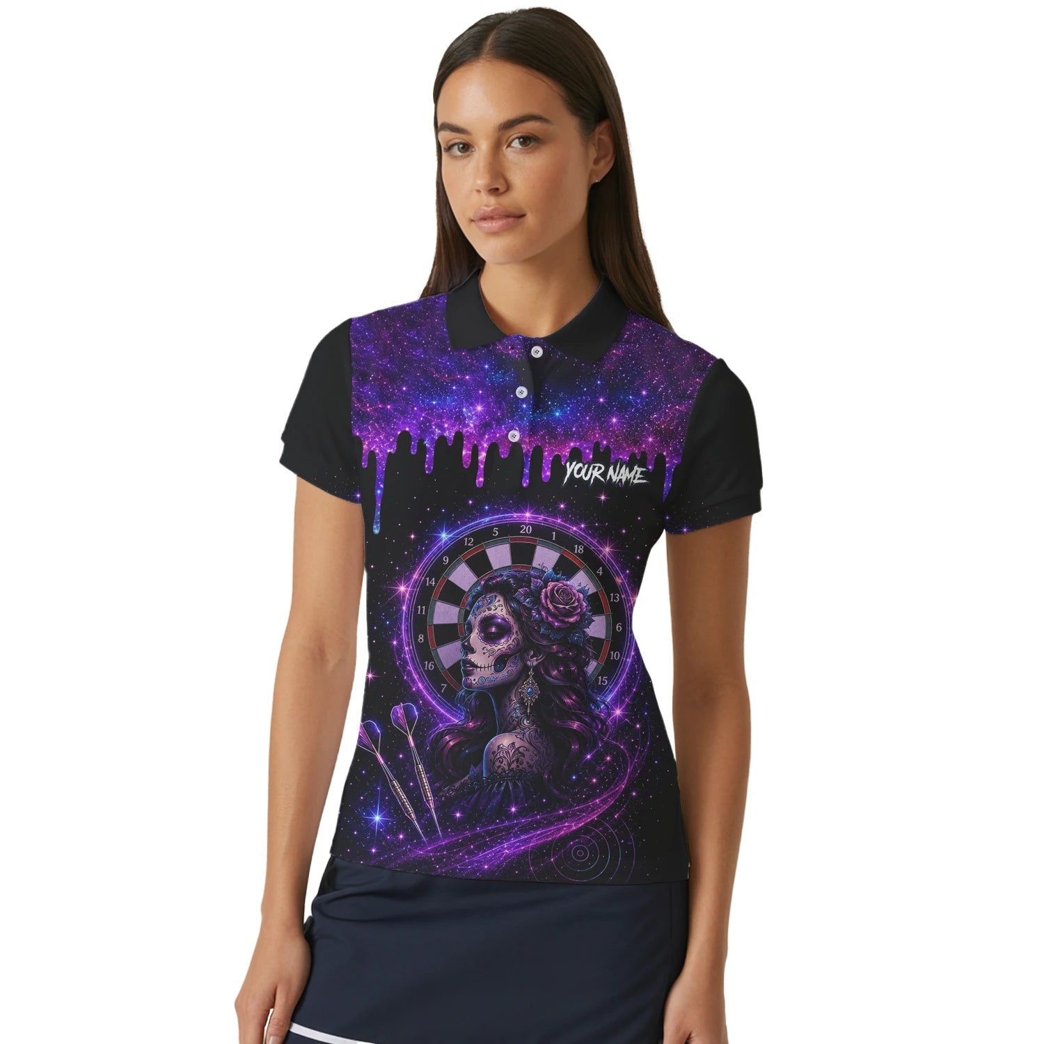 Personalised Purple Galaxy Sugar Skull Darts Shirt For Women Z967