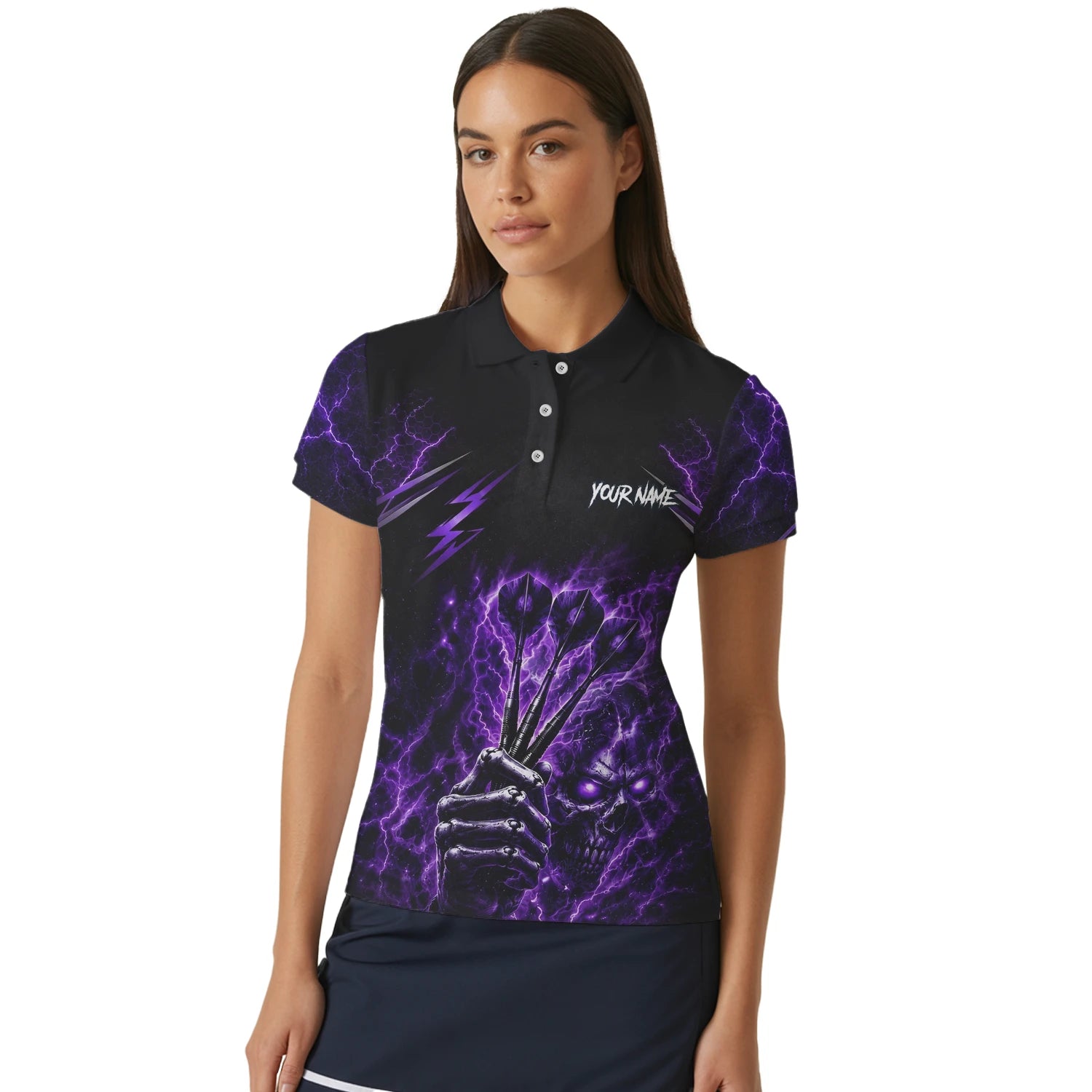 Personalised Black & Purple Lightning Skeleton Hand Darts Shirt For Women H822