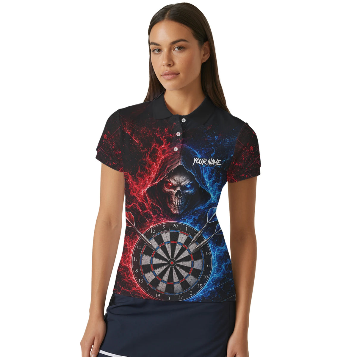 Personalised Red & Blue Split Skull Darts Polo Shirt For Women L857