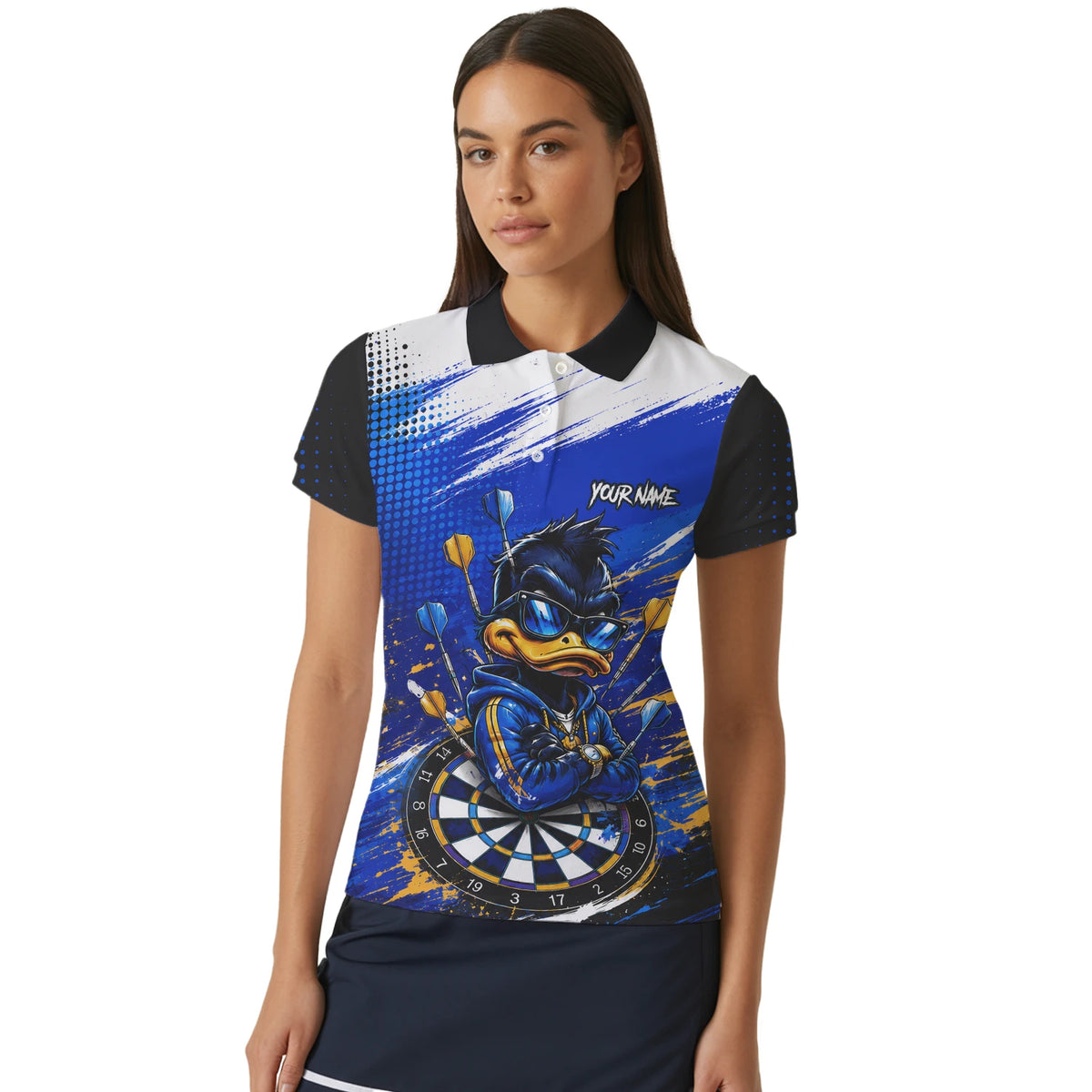 Personalised Blue & Gold Cool Duck Darts Polo Shirt For Women L859