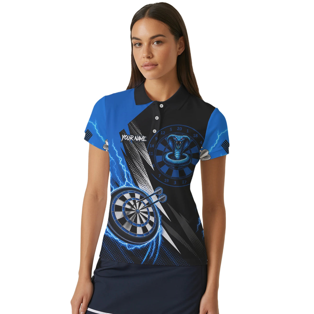 Personalised Blue Lightning Cobra Darts Polo Shirt For Women S015