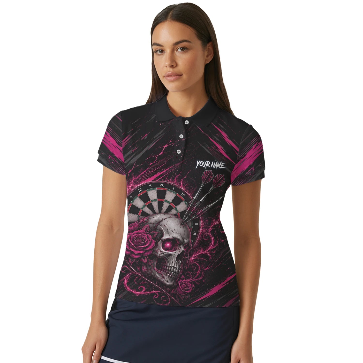 Personalised Black & Pink Skull and Roses Darts Shirt For Women V308