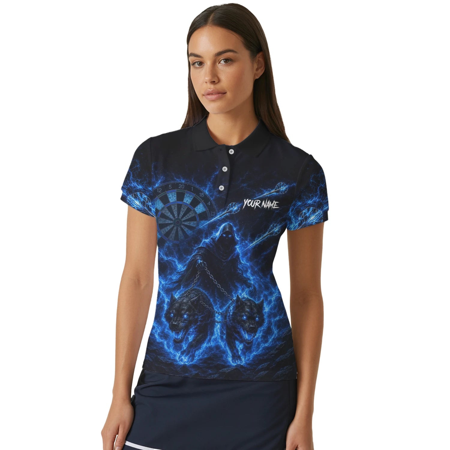 Personalised Black & Blue Grim Reaper and Wolves Darts Shirt For Women X871