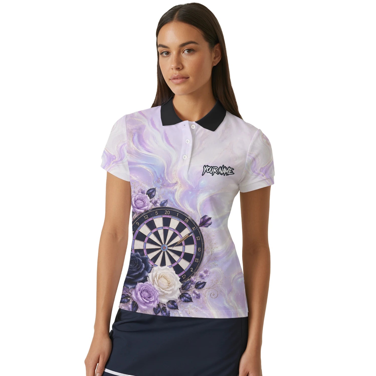 Personalised Purple Marble Rose Darts Polo Shirt For Women S206
