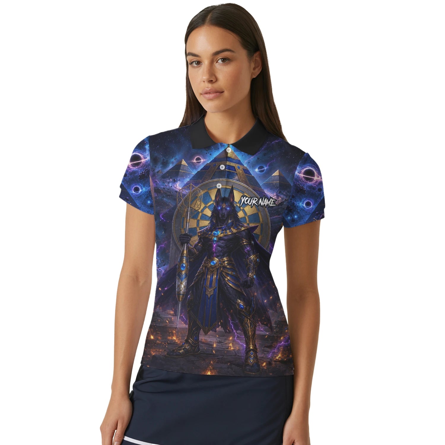 Personalised Blue Gold & Black Anubis Darts Shirt For Women N118