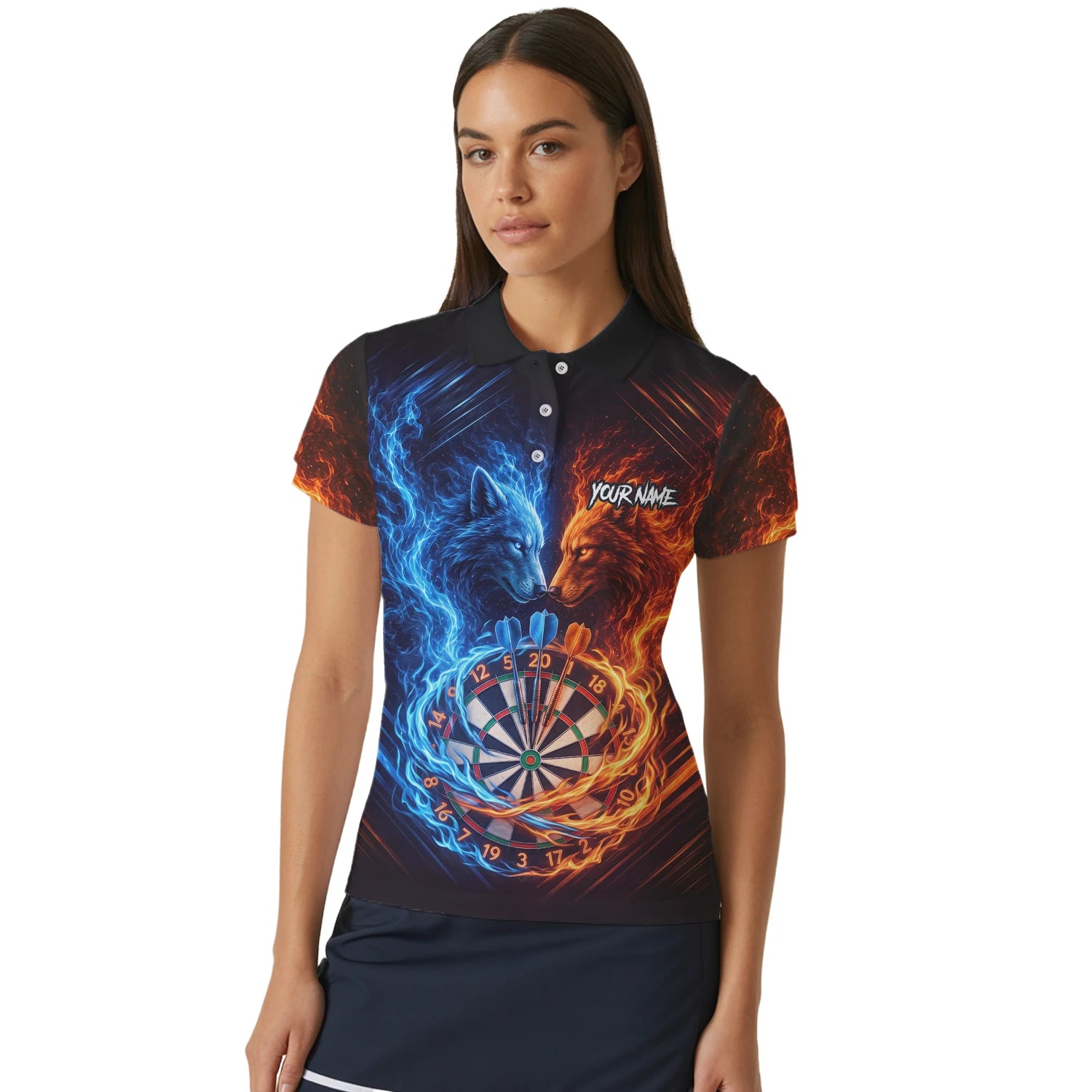 Personalised Blue & Orange Wolf Flame Dartboard Darts Shirt For Women A749