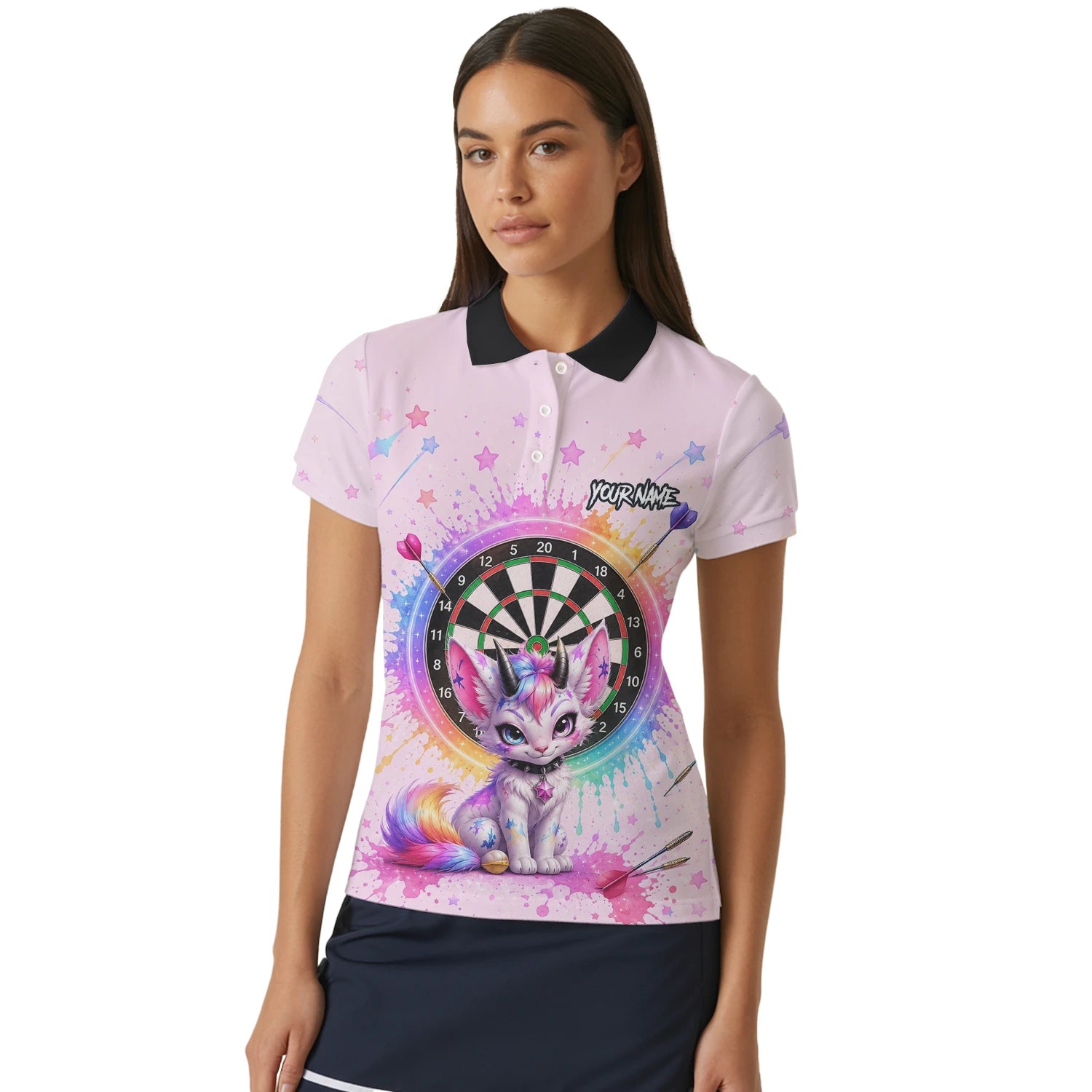 Personalised Pink & Rainbow Fantasy Cat Unicorn Darts Shirt For Women X398