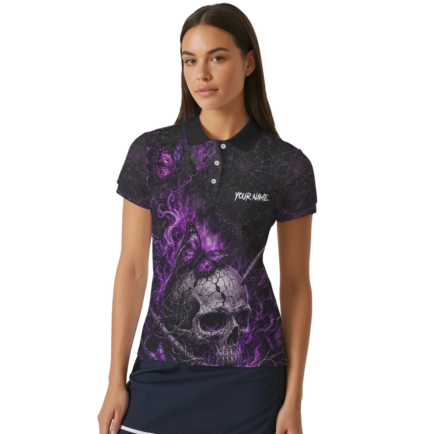 Personalised Black & Purple Skull Butterfly Darts Shirt For Women Q241
