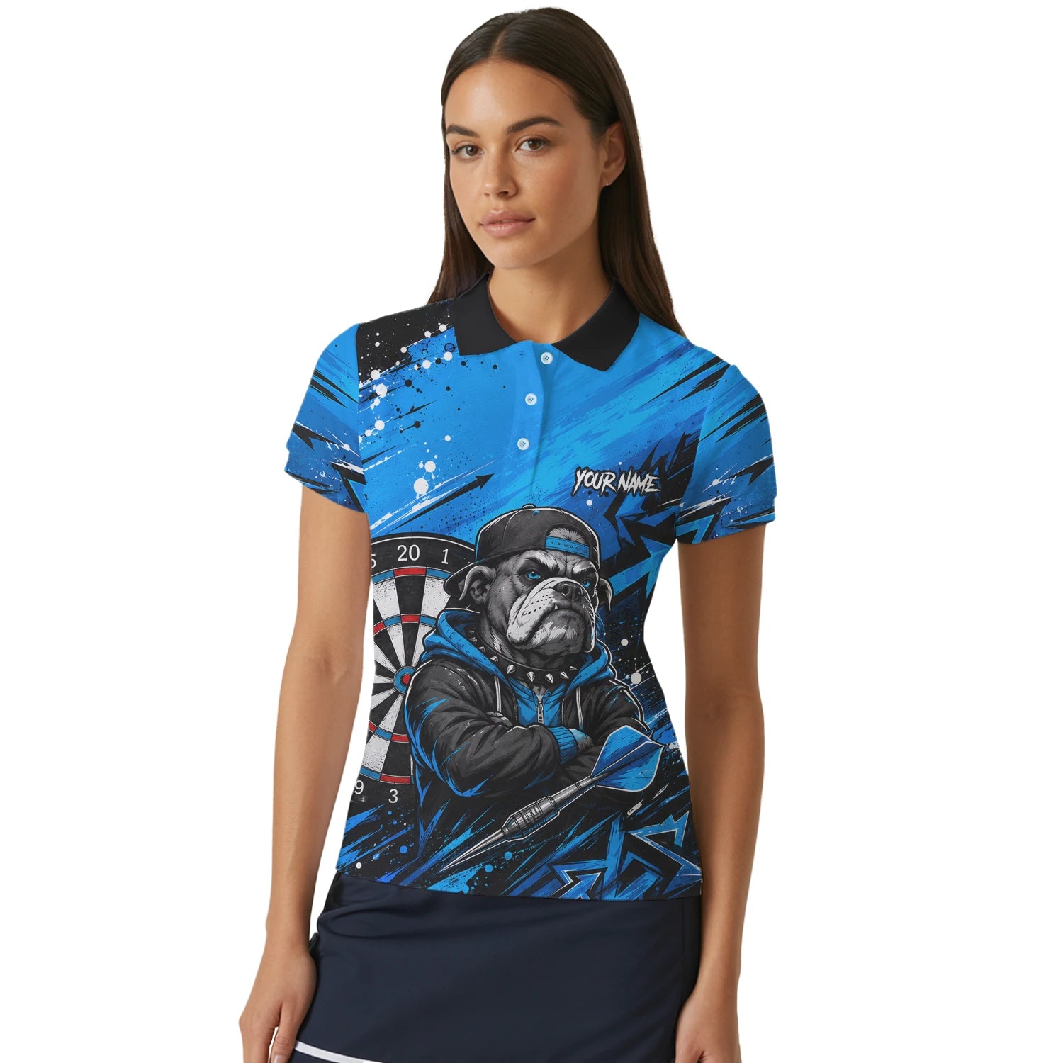 Personalised Blue & Black Bulldog Darts Shirt For Women D529