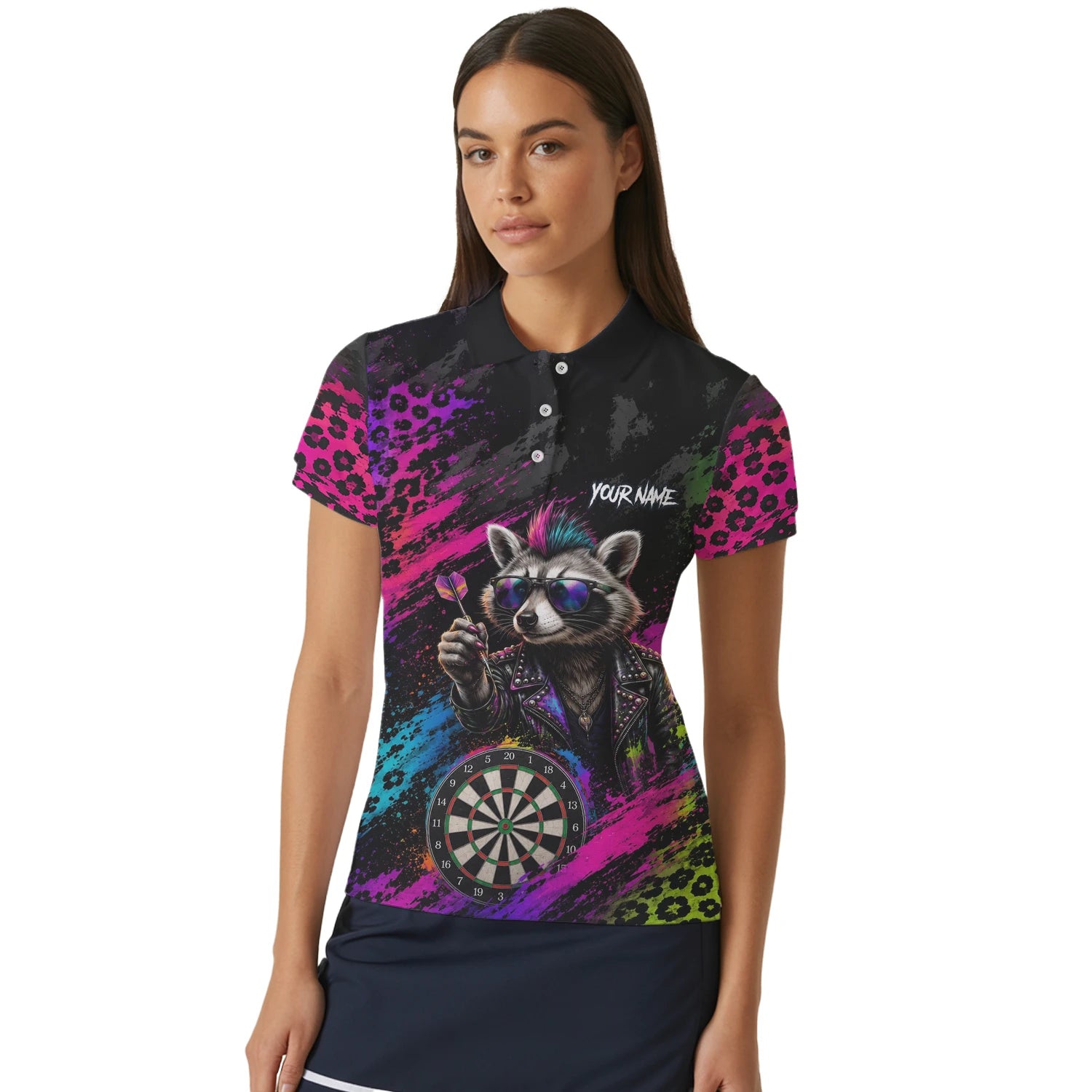 Personalised Black Multicolour Punk Raccoon Dartboard Darts Shirt For Women E164