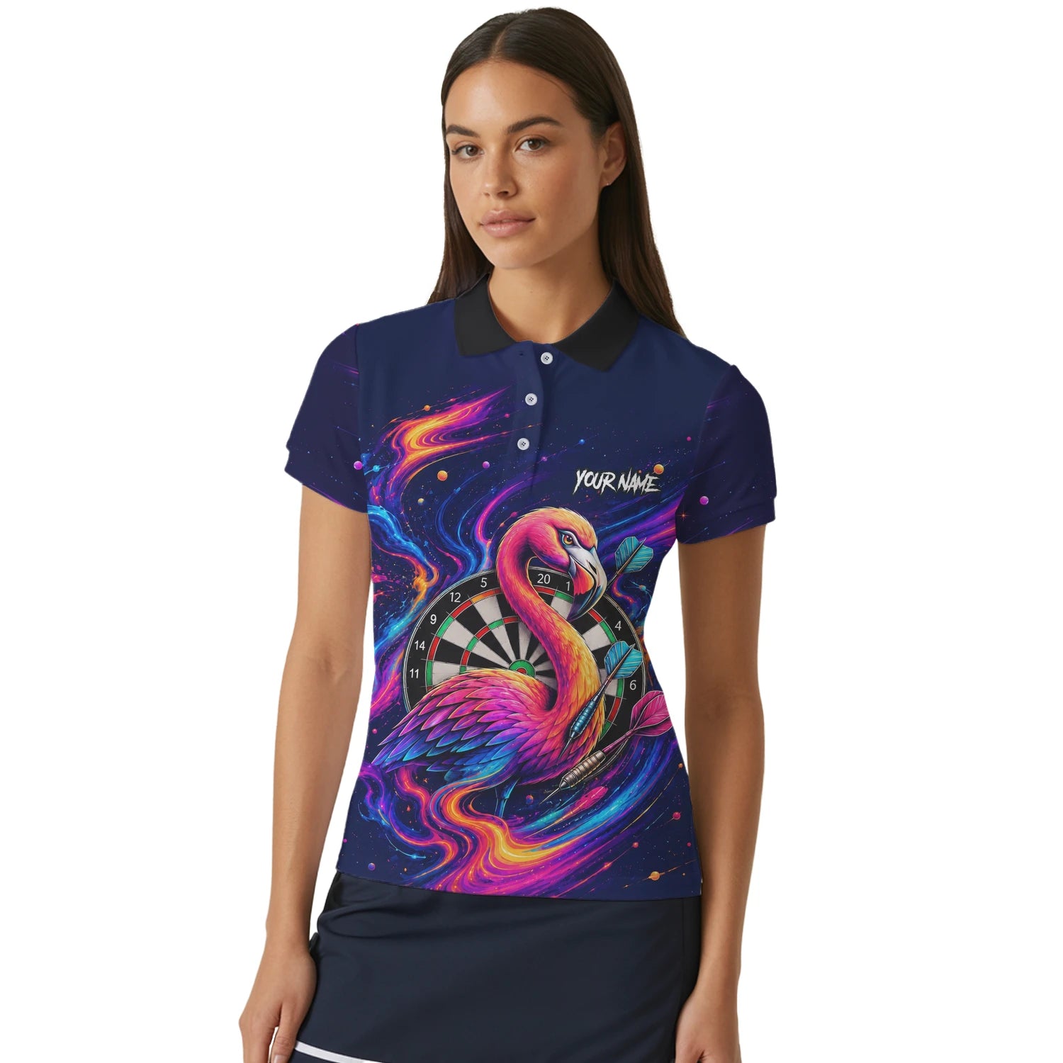 Personalised Neon Flamingo Galaxy Darts Polo Shirt For Women D064