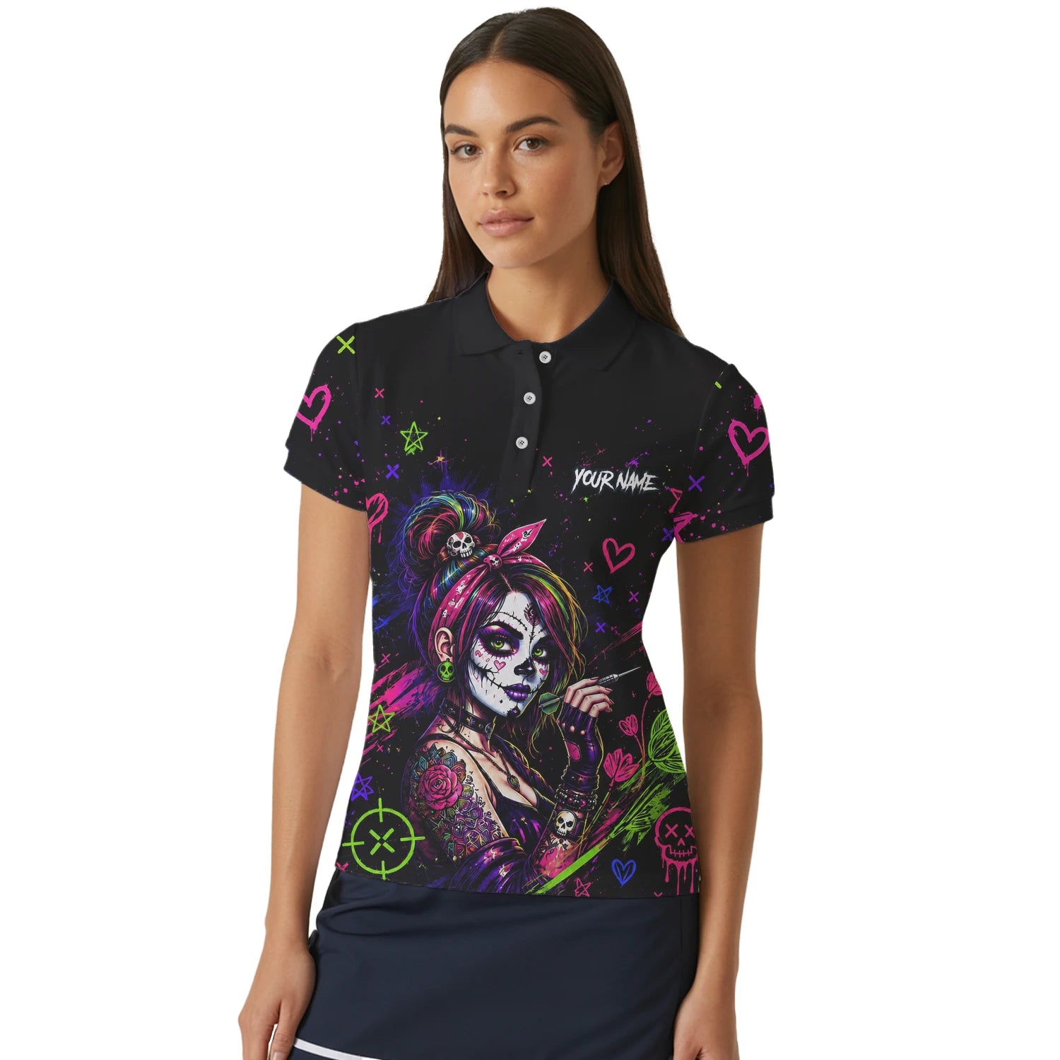 Personalised Black Neon Sugar Skull Woman Darts Shirt For Women K745