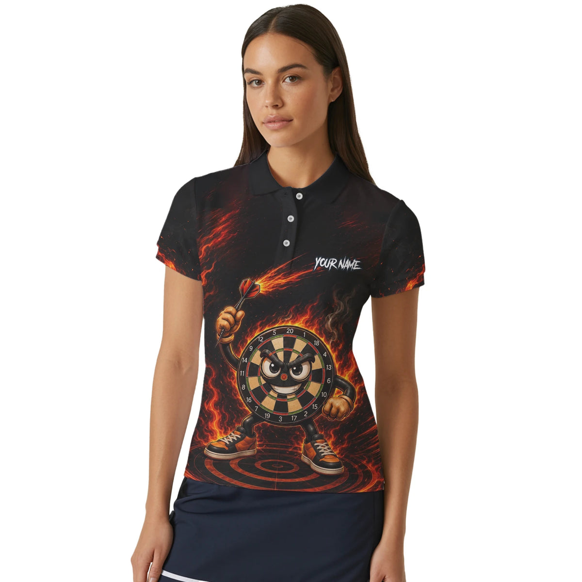 Personalised Black & Red Fiery Dartboard Character Darts Shirt For Women W224