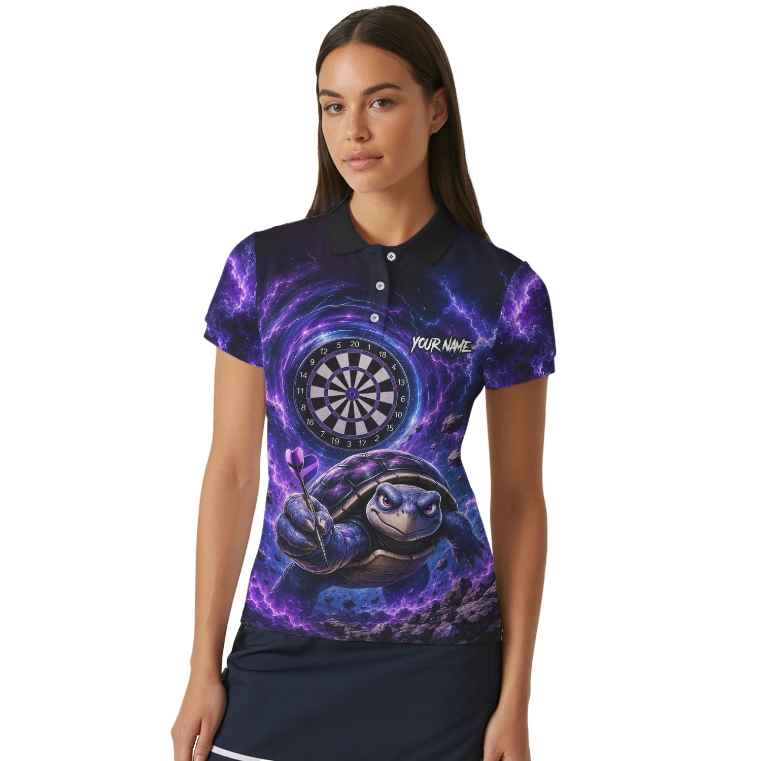 Personalised Purple & Black Turtle Playing Darts Shirt For Women F796