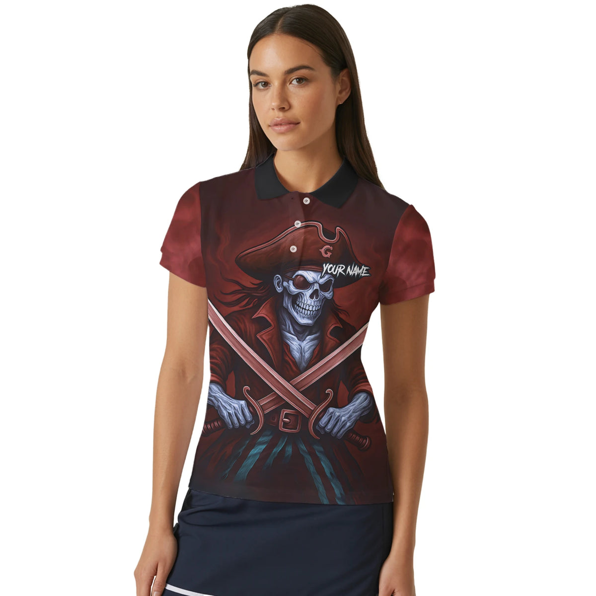 Personalised Red & Black Pirate Skull Crossed Swords Darts Shirt For Women TR8209