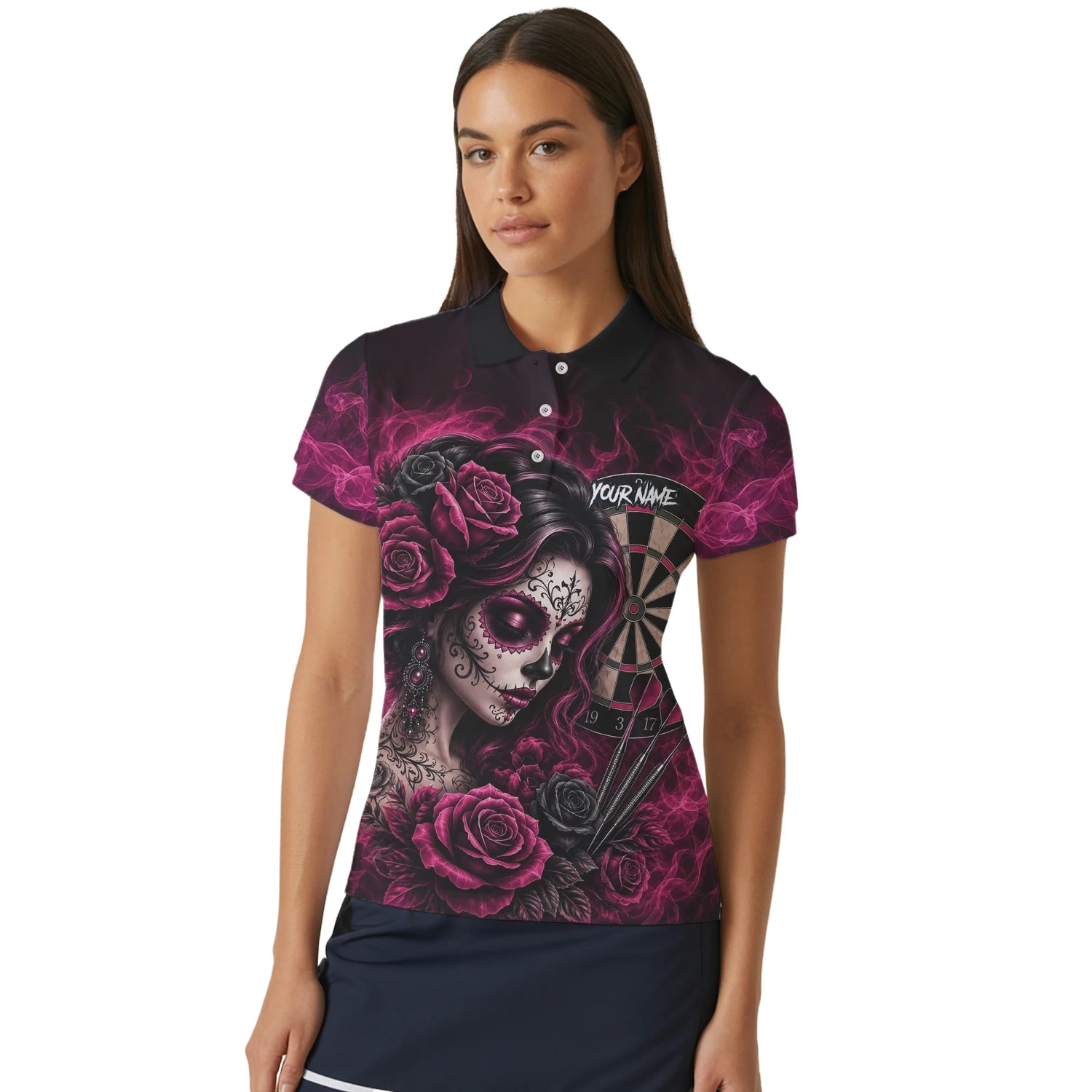 Personalised Black & Pink Sugar Skull Roses Darts Shirt For Women Z109