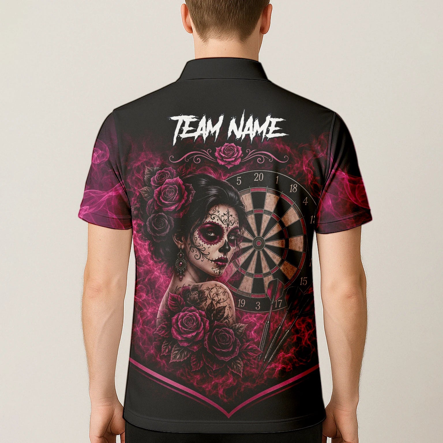 Personalised Black & Pink Sugar Skull Roses Darts Shirt For Men Z109