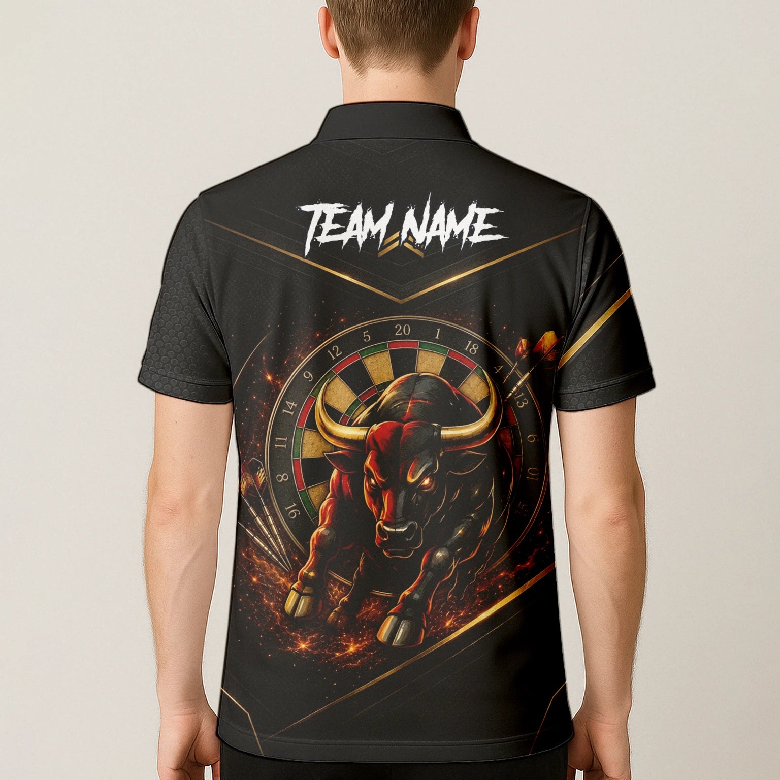Personalised Black & Gold Bull Darts Polo Shirt For Men K607