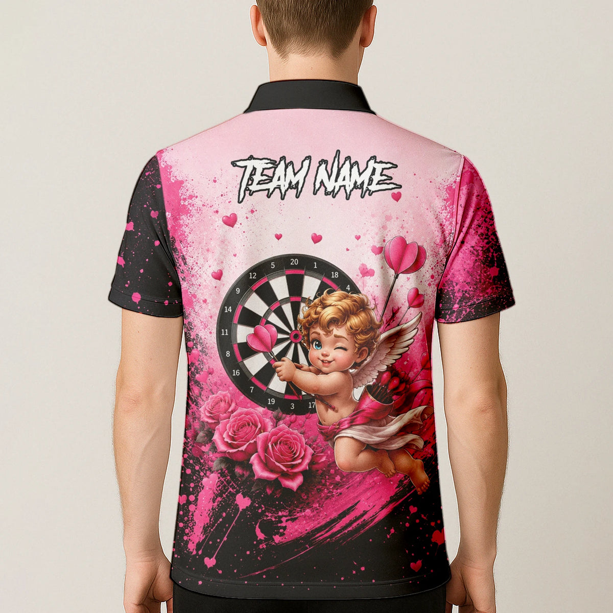 Personalised Pink & Black Cupid Dartboard Darts Shirt For Men I643