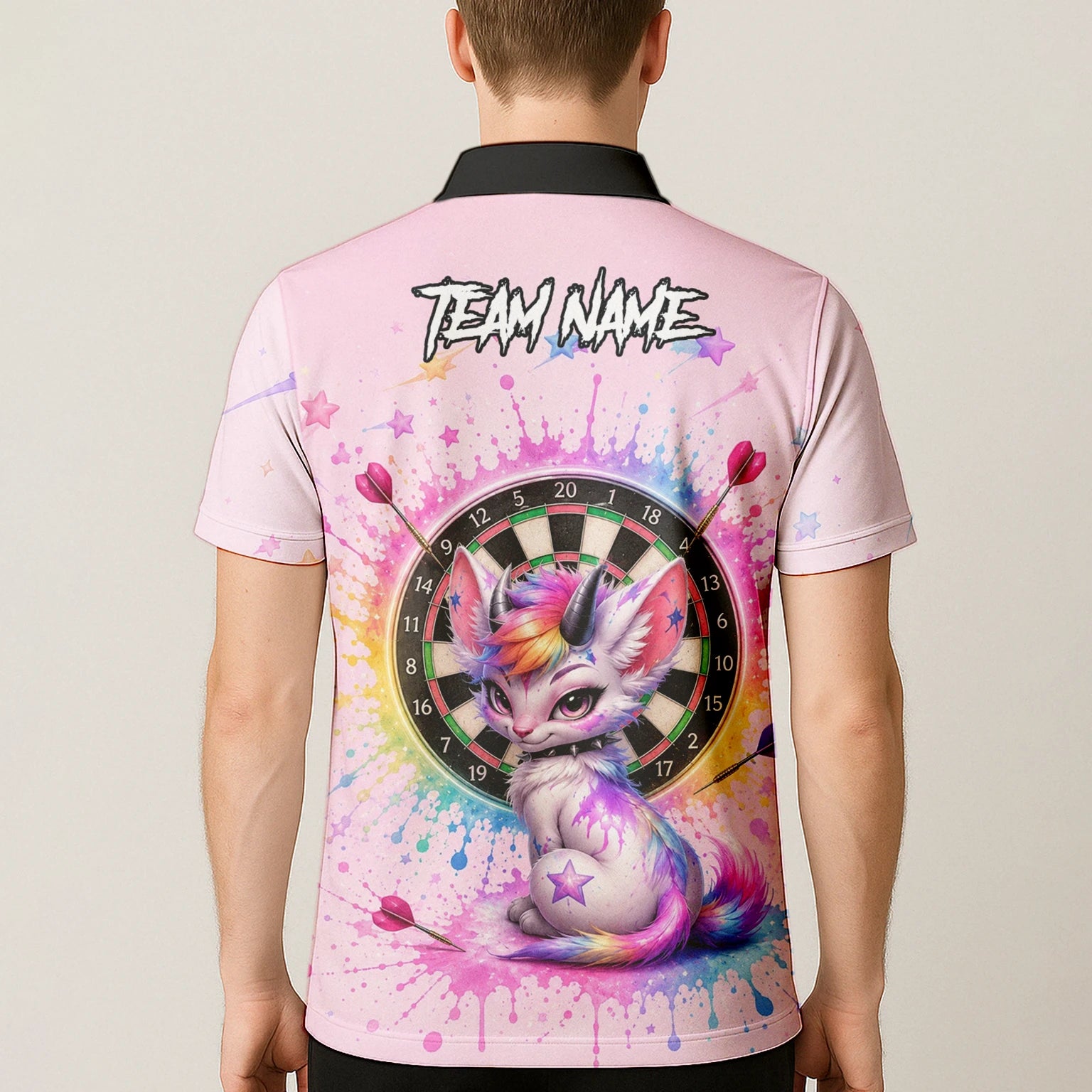 Personalised Pink & Rainbow Fantasy Cat Unicorn Darts Shirt For Men X398
