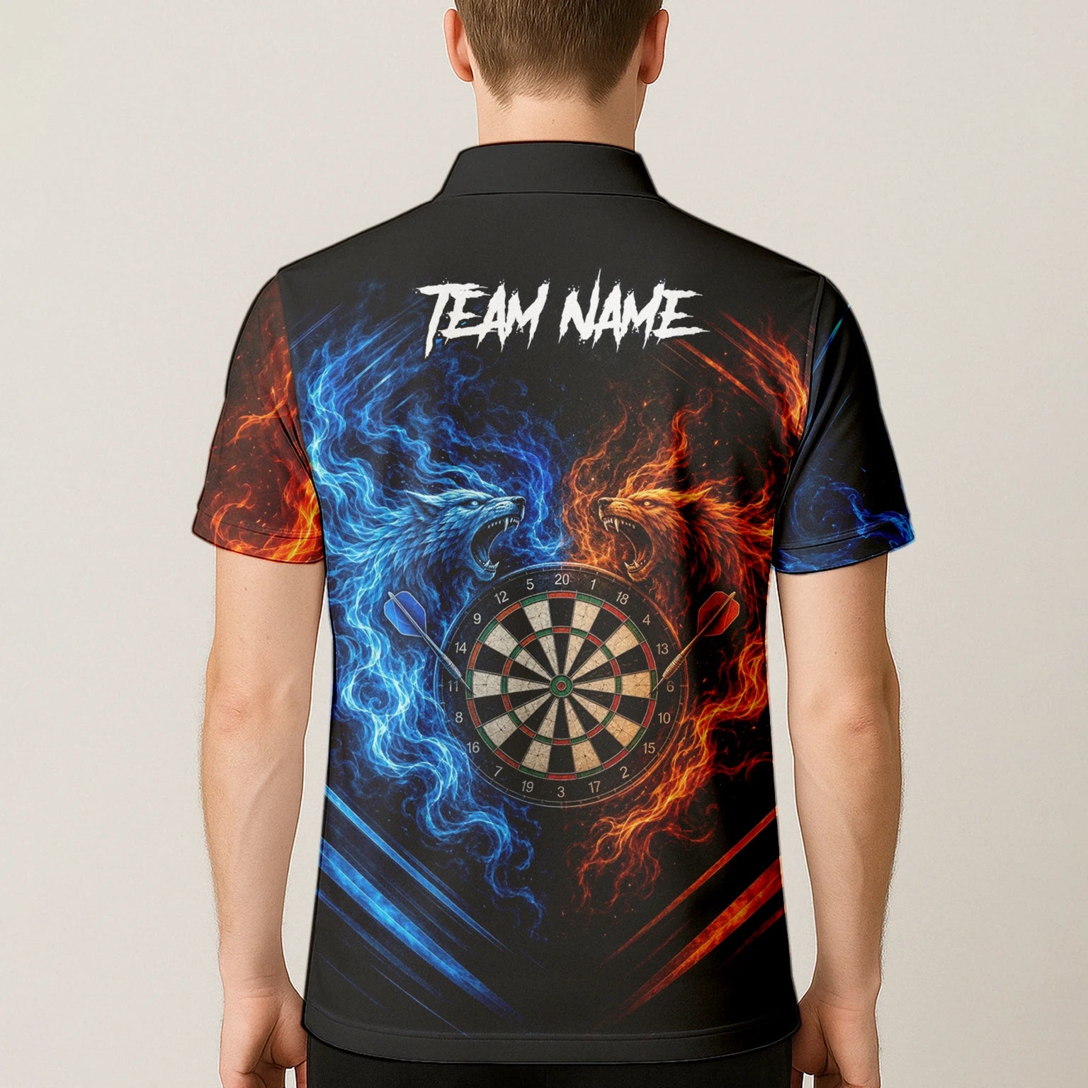 Personalised Blue & Orange Wolf Flame Dartboard Darts Shirt For Men A749