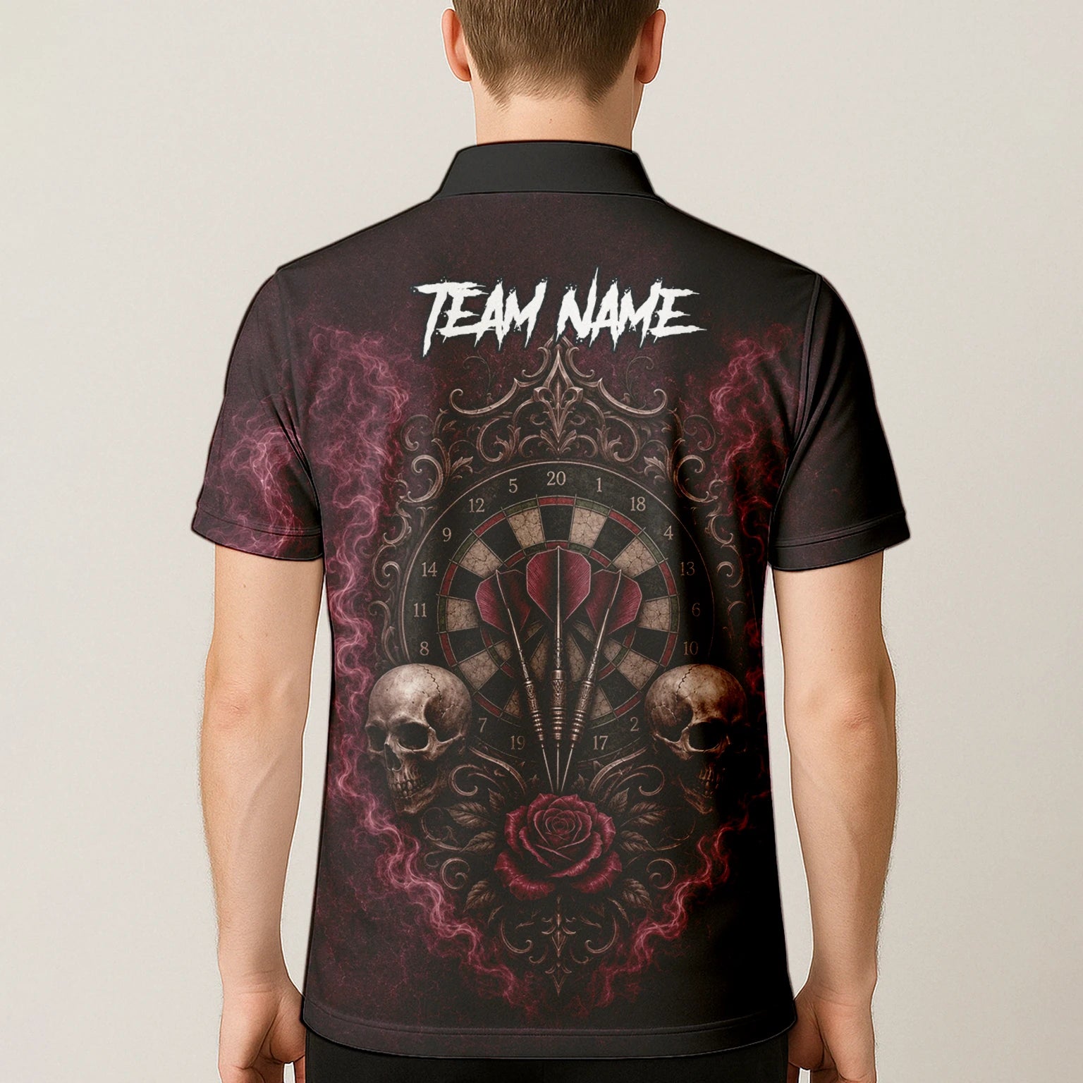 Personalised Burgundy & Black Skull Rose Darts Shirt For Men U786