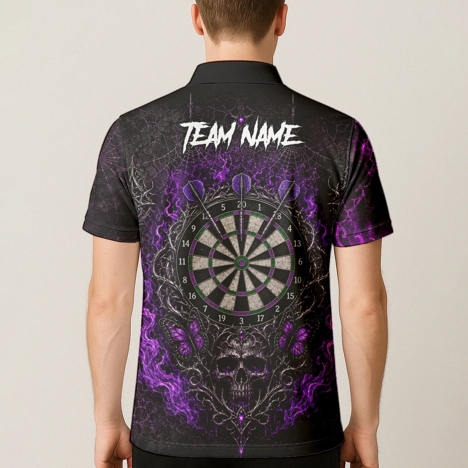 Personalised Black & Purple Skull Butterfly Darts Shirt For Men Q241