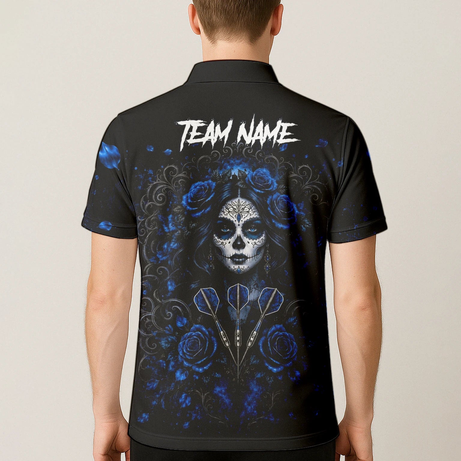 Personalised Black & Blue Sugar Skull Roses Darts Shirt For Men I884
