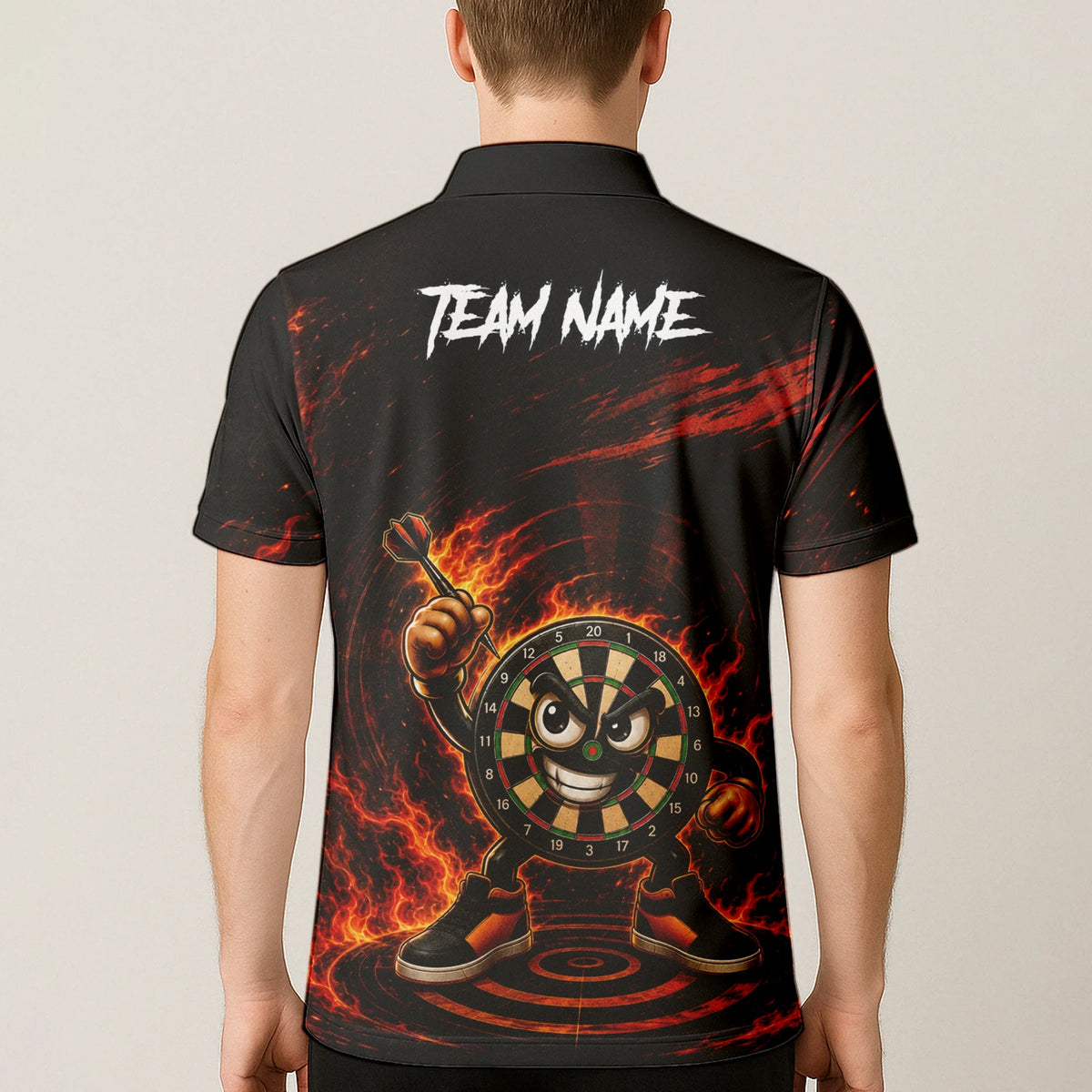 Personalised Black & Red Fiery Dartboard Character Darts Shirt For Men W224
