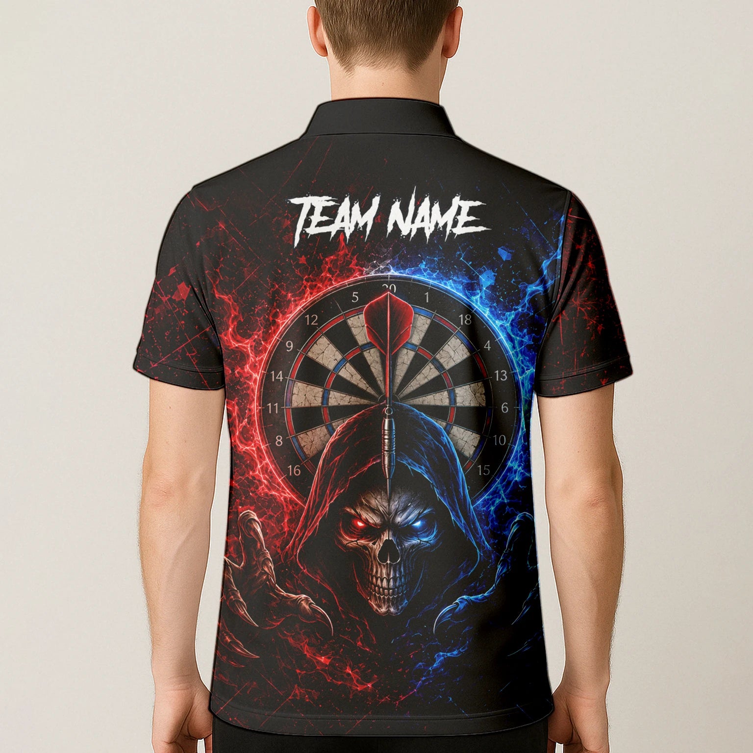 Personalised Red & Blue Split Skull Darts Polo Shirt For Men L857