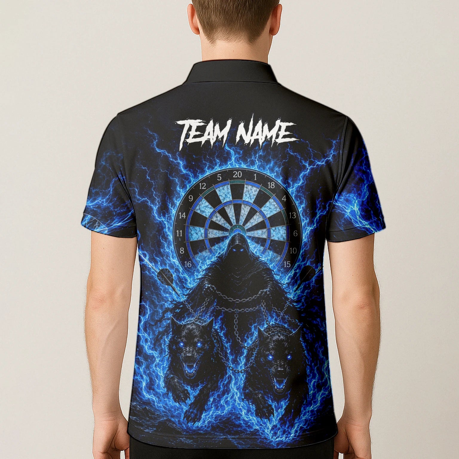 Personalised Black & Blue Grim Reaper and Wolves Darts Shirt For Men X871