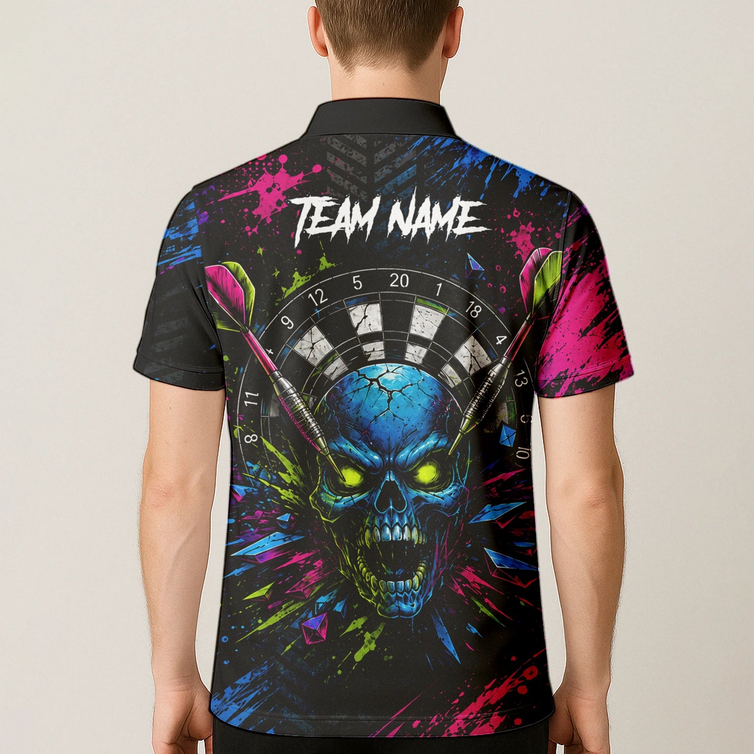 Personalised Neon Blue Green & Pink Skull Dartboard Darts Shirt For Men S232