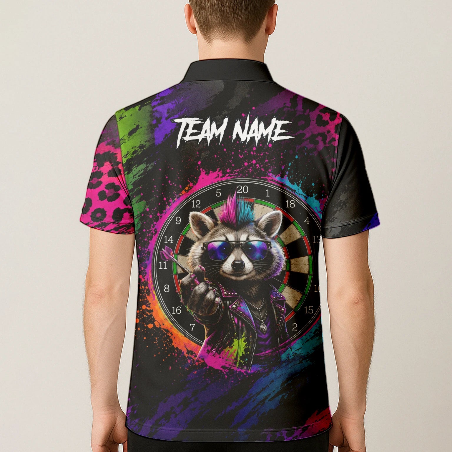 Personalised Black Multicolour Punk Raccoon Dartboard Darts Shirt For Men E164