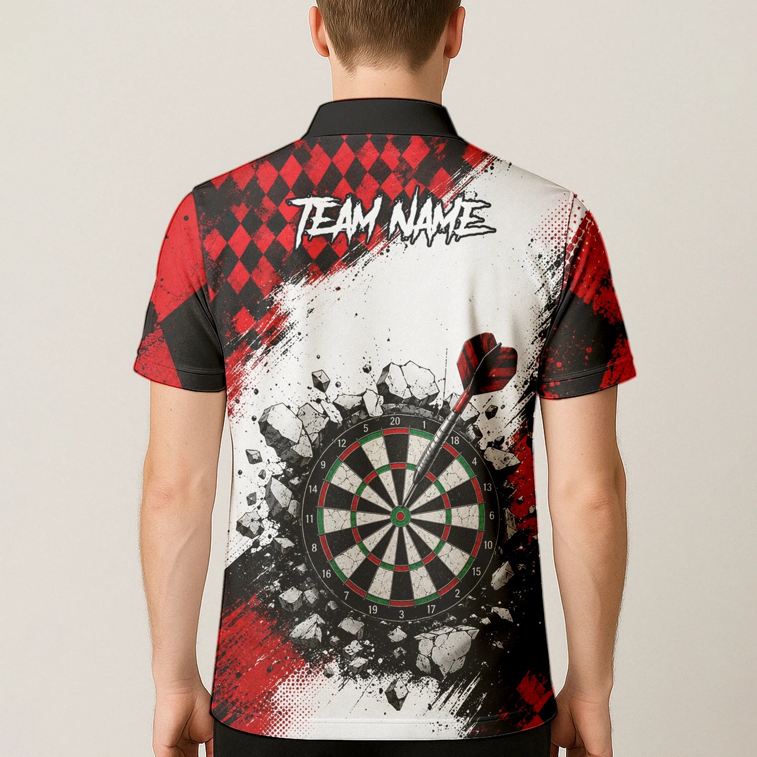 Personalised Red & Black Gothic Harlequin Darts Polo Shirt For Men K572