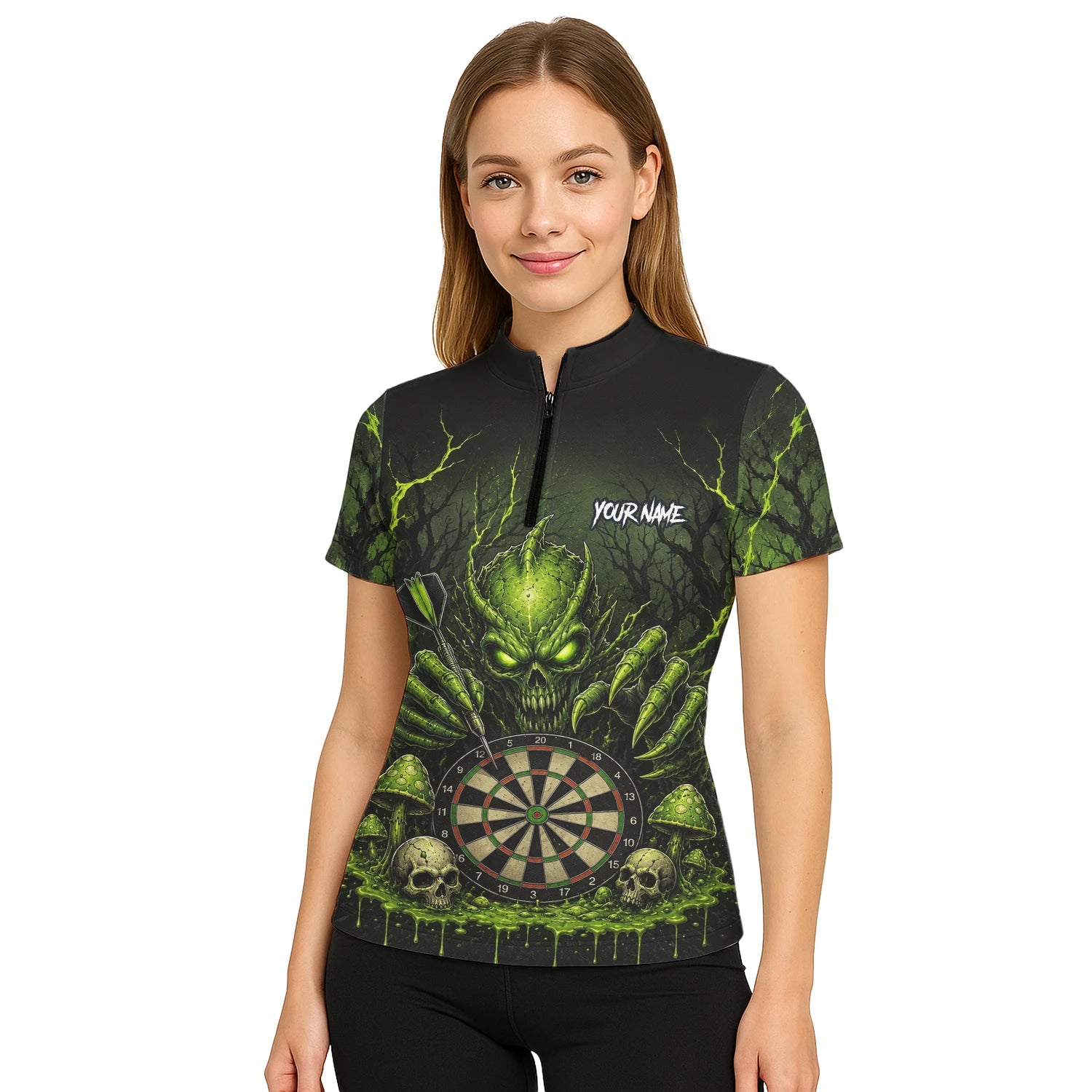 Personalised Black Green Monster Skull Dartboard Darts Shirt For Women A277