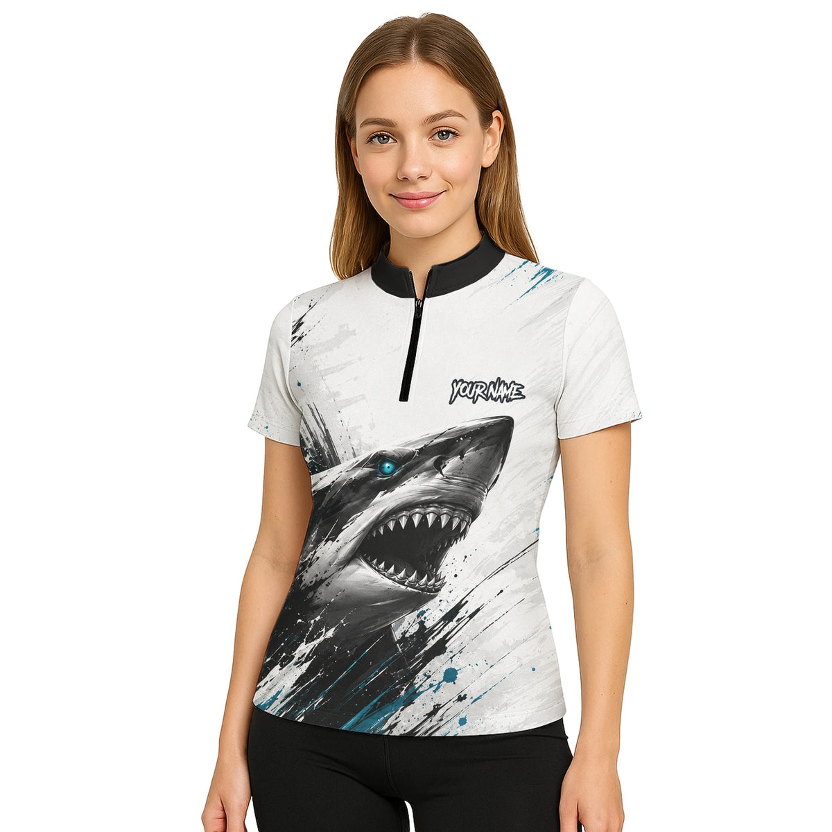 Personalised White Black Teal Shark Darts Shirt For Women D067
