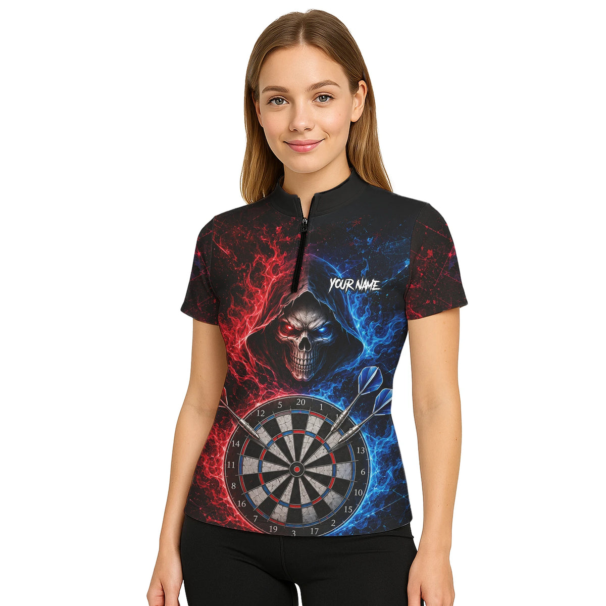 Personalised Red & Blue Split Skull Darts Polo Shirt For Women L857