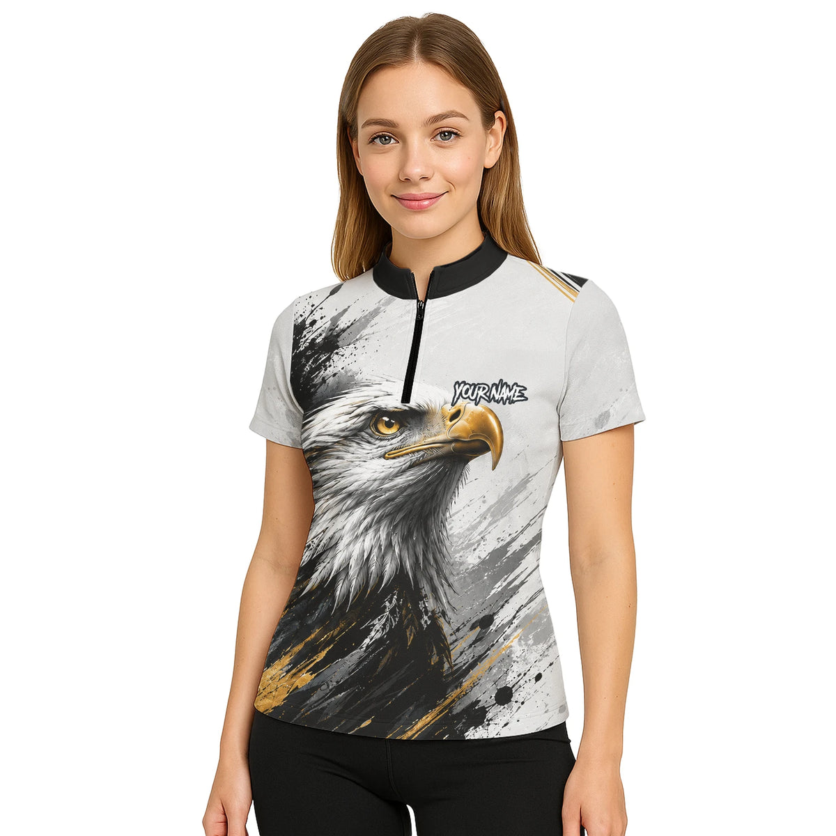 Personalised White Black Gold Bald Eagle Darts Shirt For Women S805