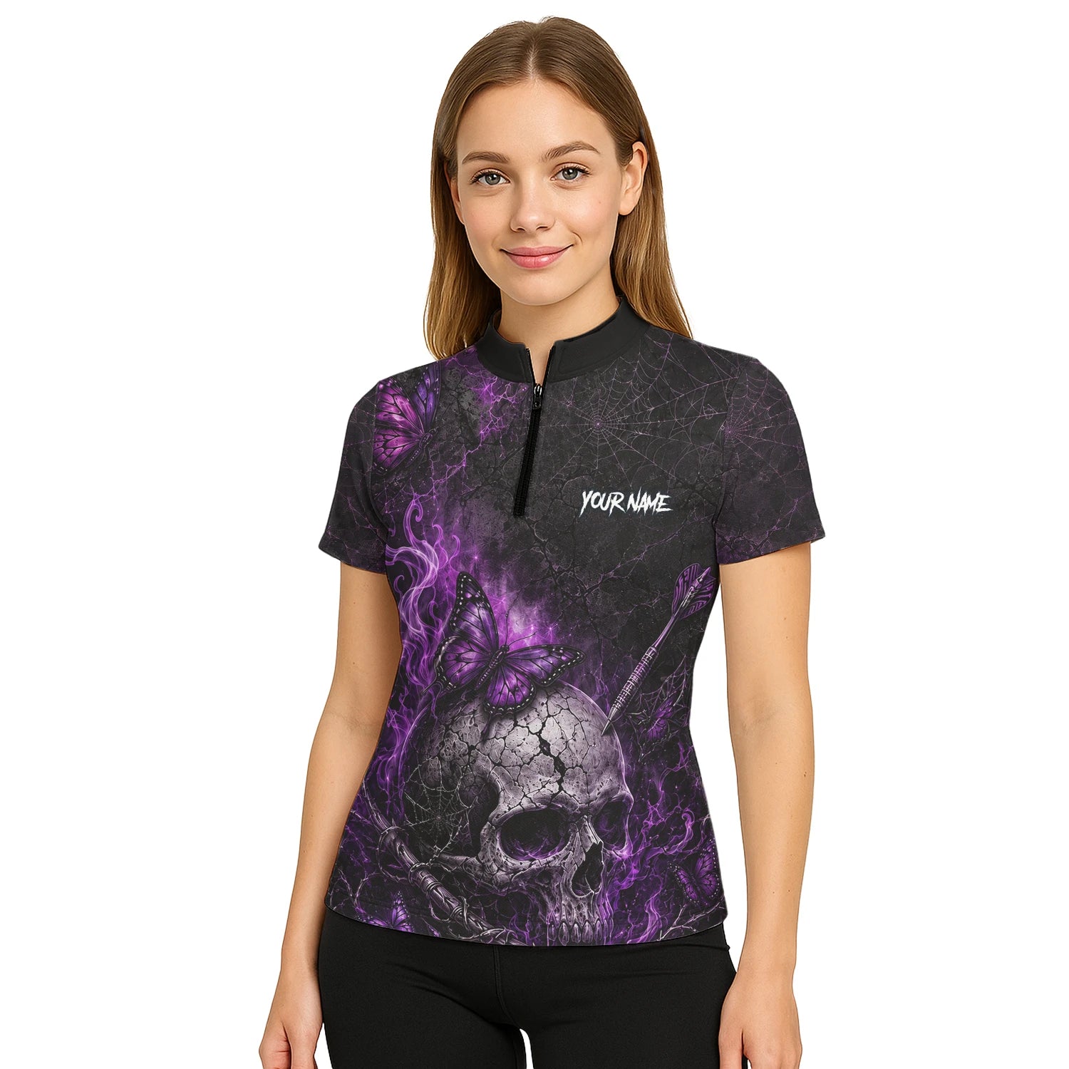Personalised Black & Purple Skull Butterfly Darts Shirt For Women Q241