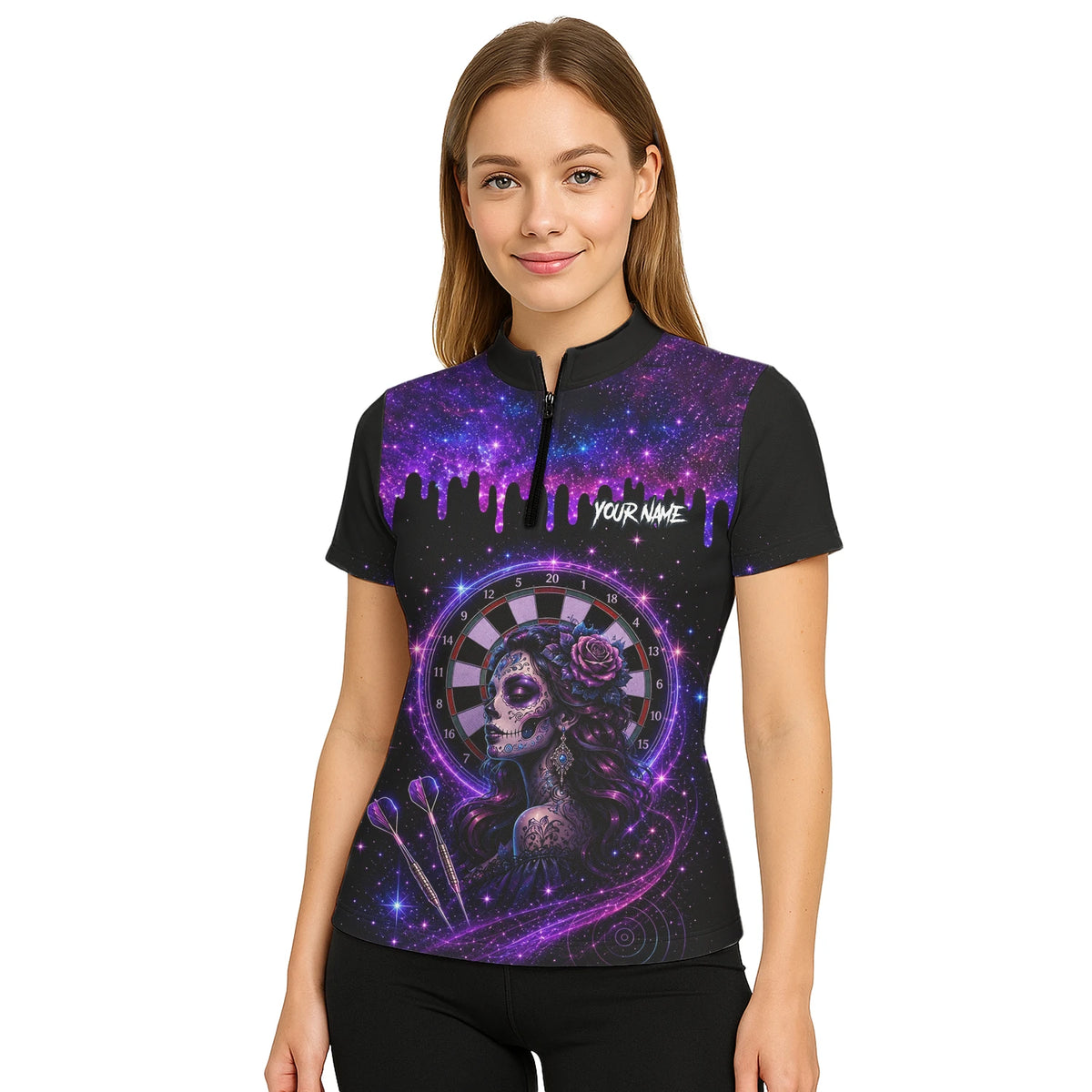 Personalised Purple Galaxy Sugar Skull Darts Shirt For Women Z967