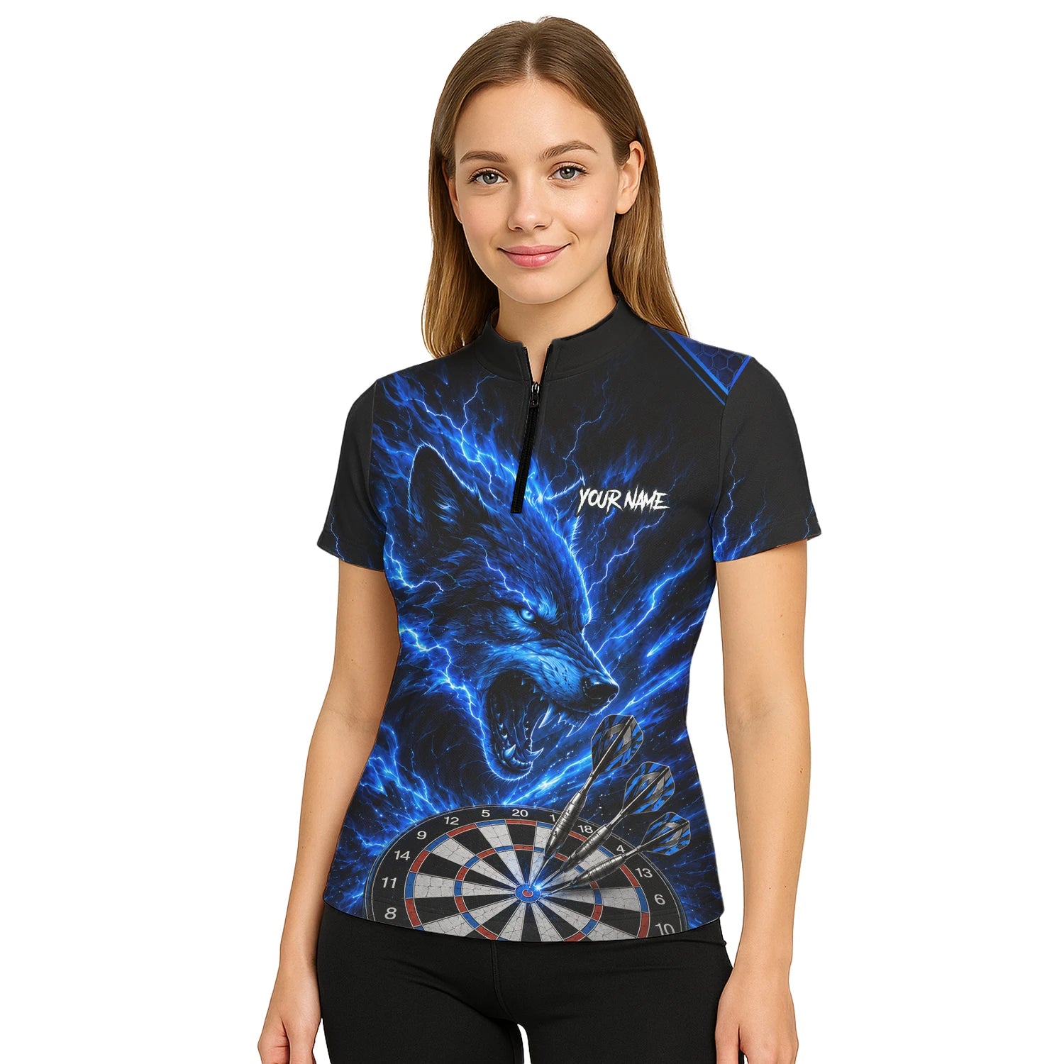 Personalised Black & Blue Wolf Lightning Darts Shirt For Women Y375