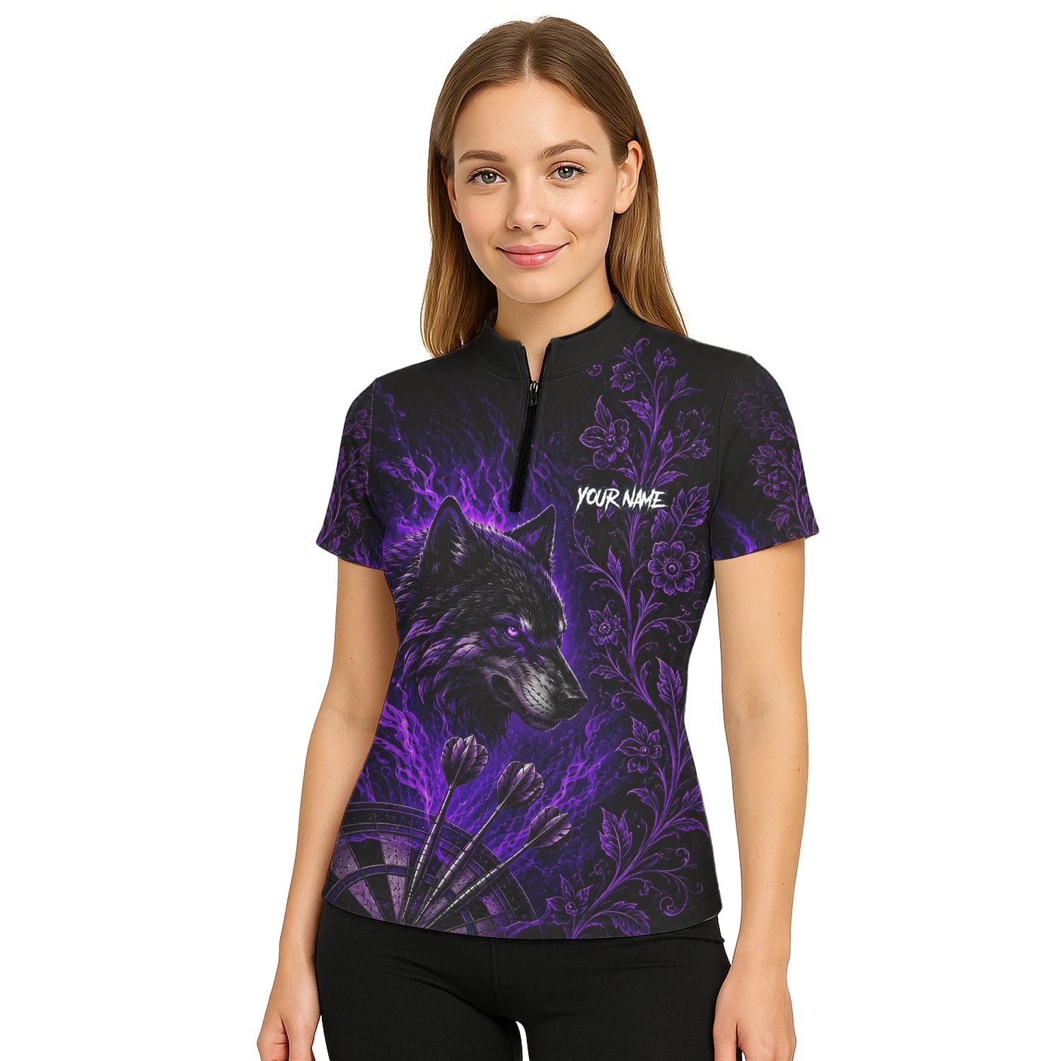 Personalised Black & Purple Wolf Dartboard Darts Shirt For Women J133