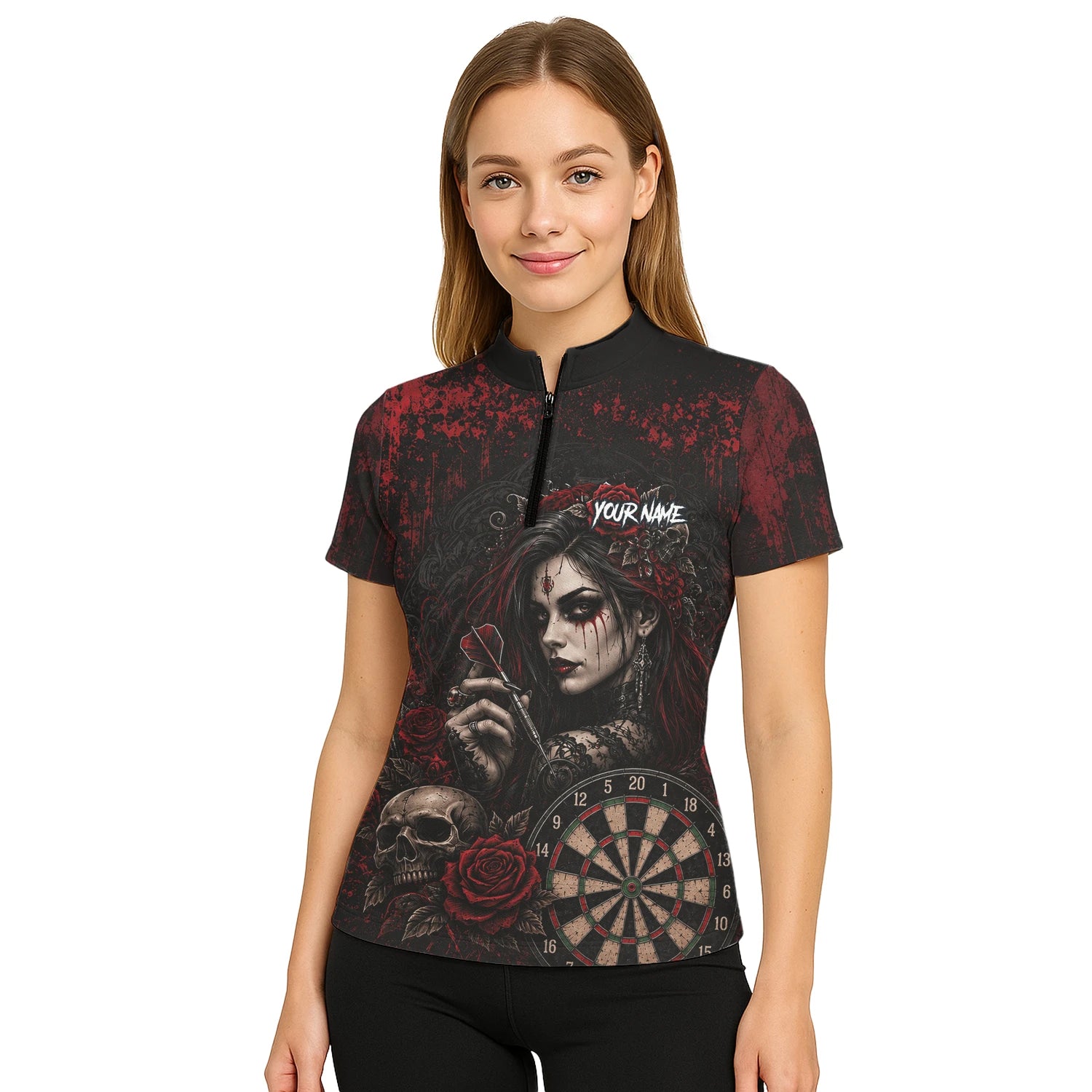 Personalised Black & Red Gothic Woman Skull Darts Shirt For Women W035