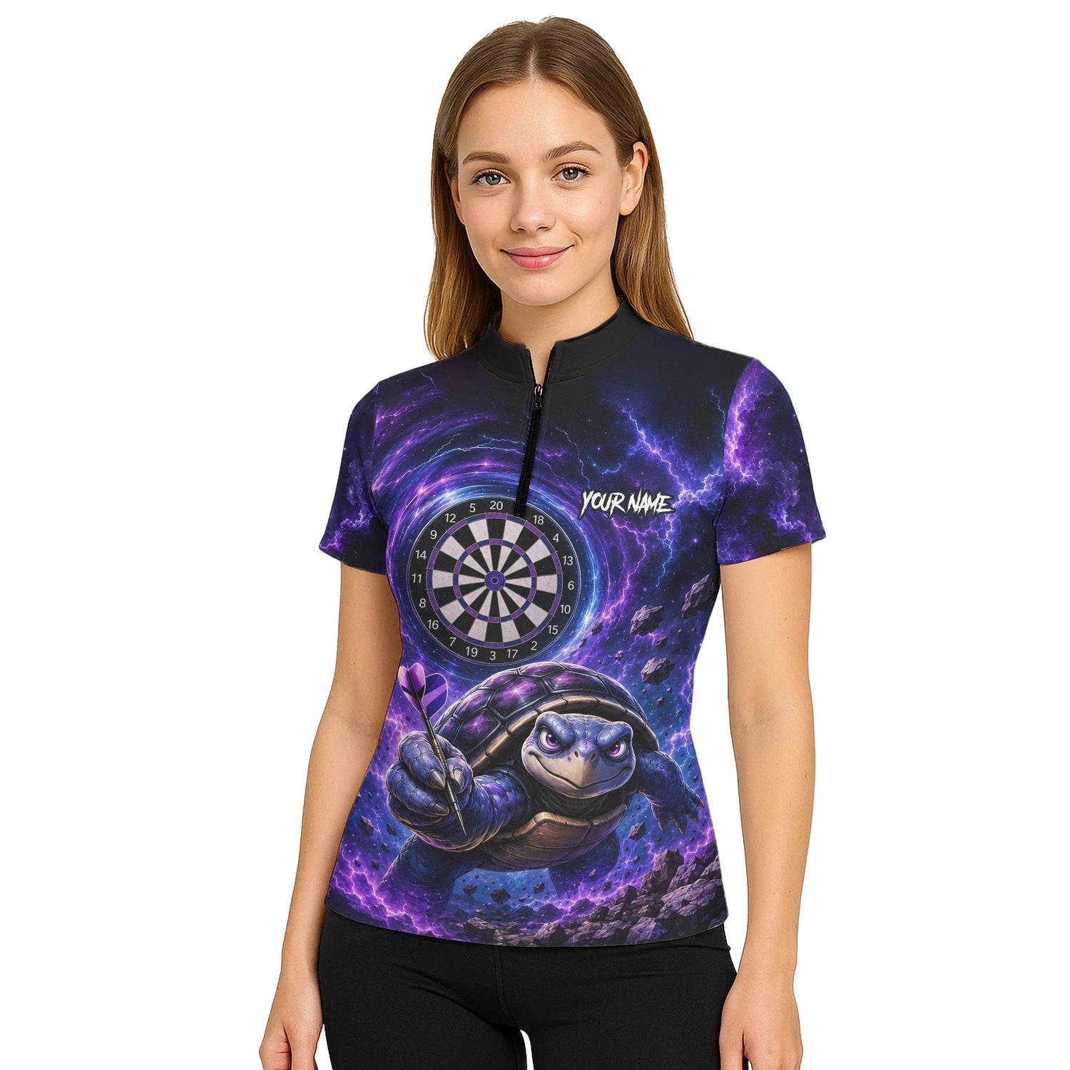 Personalised Purple & Black Turtle Playing Darts Shirt For Women F796