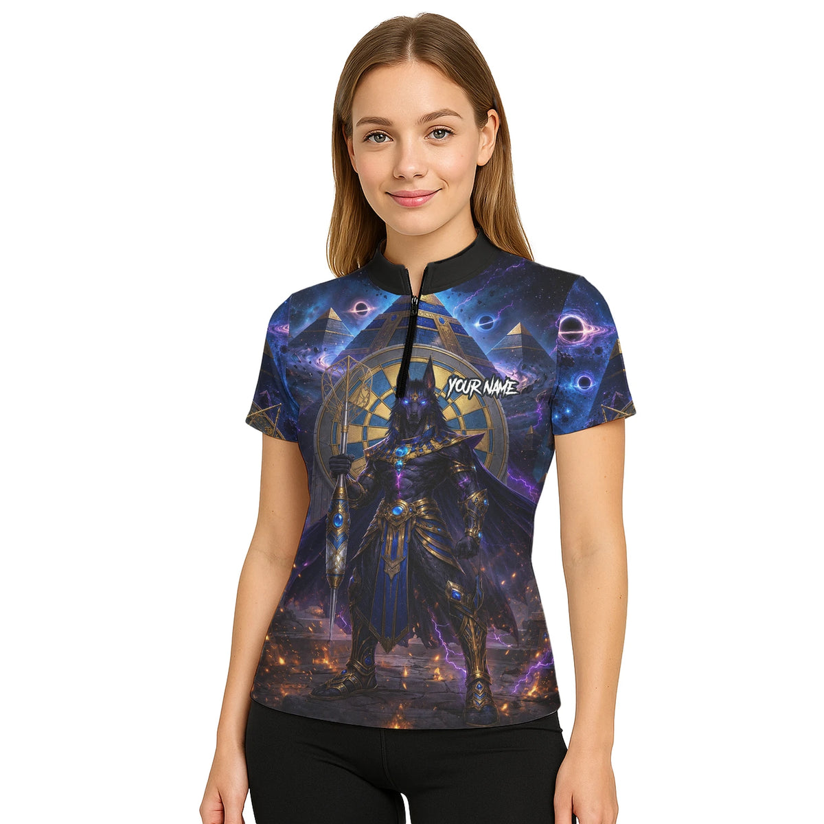 Personalised Blue Gold & Black Anubis Darts Shirt For Women N118