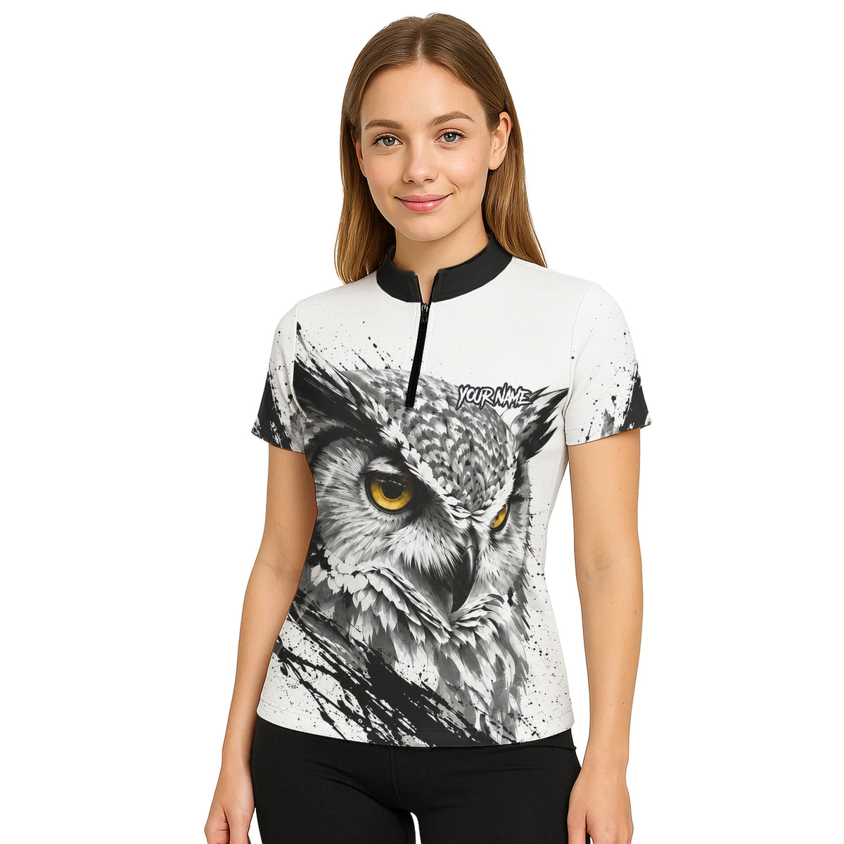 Personalised White Black Yellow Owl Darts Shirt For Women P128